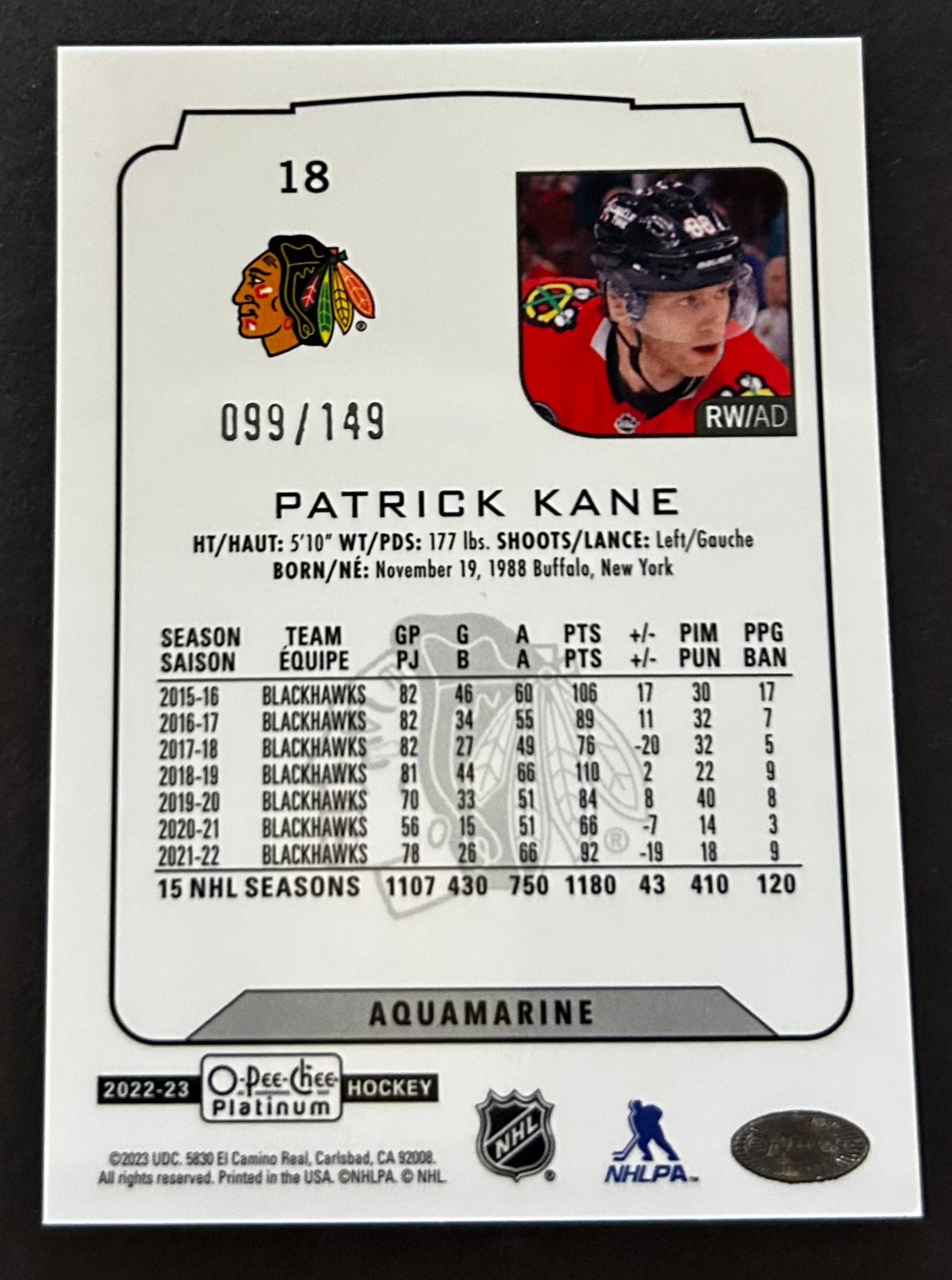 Patrick Kane Aquamarine /149 - 2022/23 O-Pee-Chee Platinum 