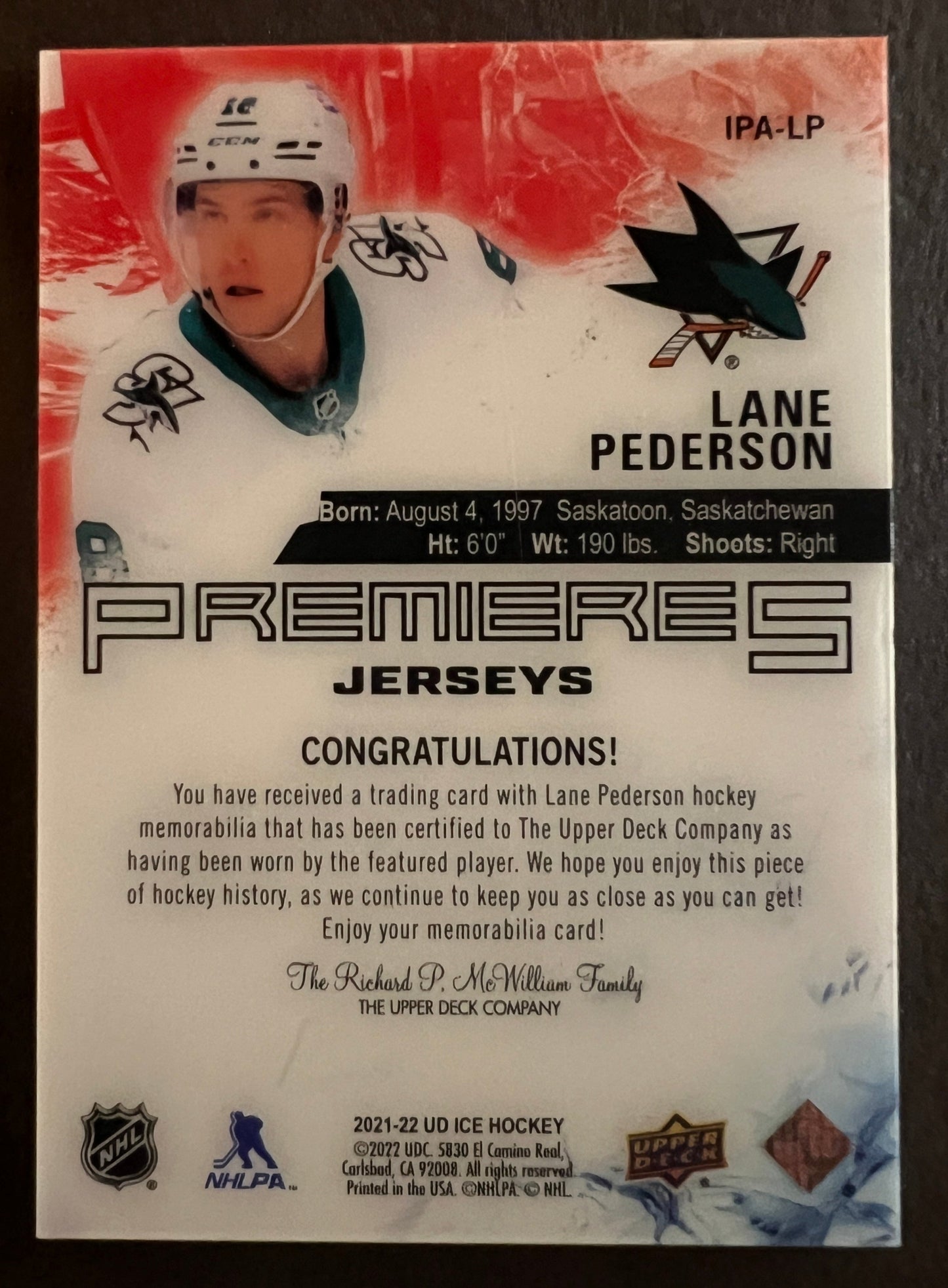 Lane Pederson Ice Premieres Jersey - 2021/22 Ice