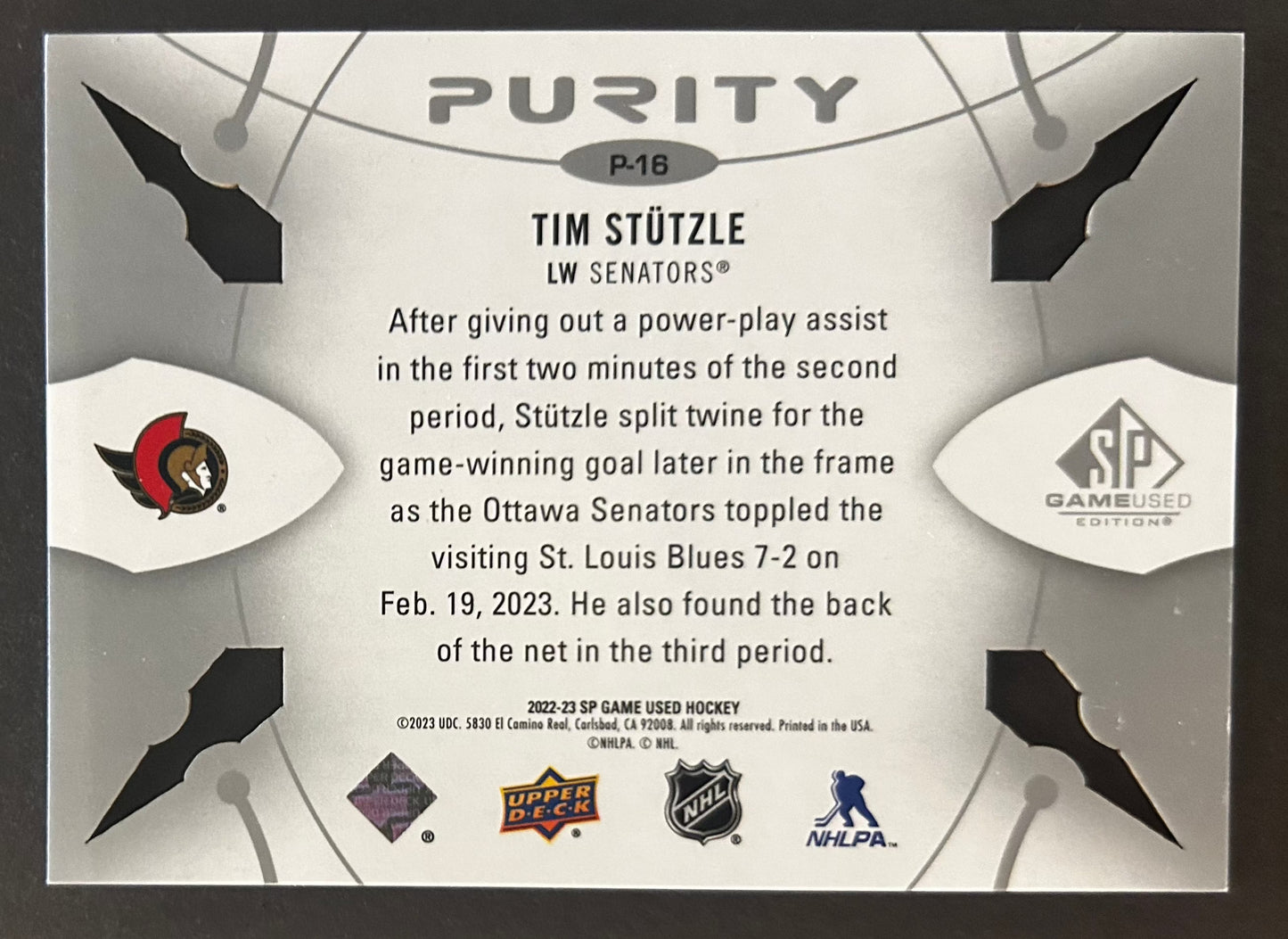 Tim Stutzle Purity - 2022/23 SP Game Used