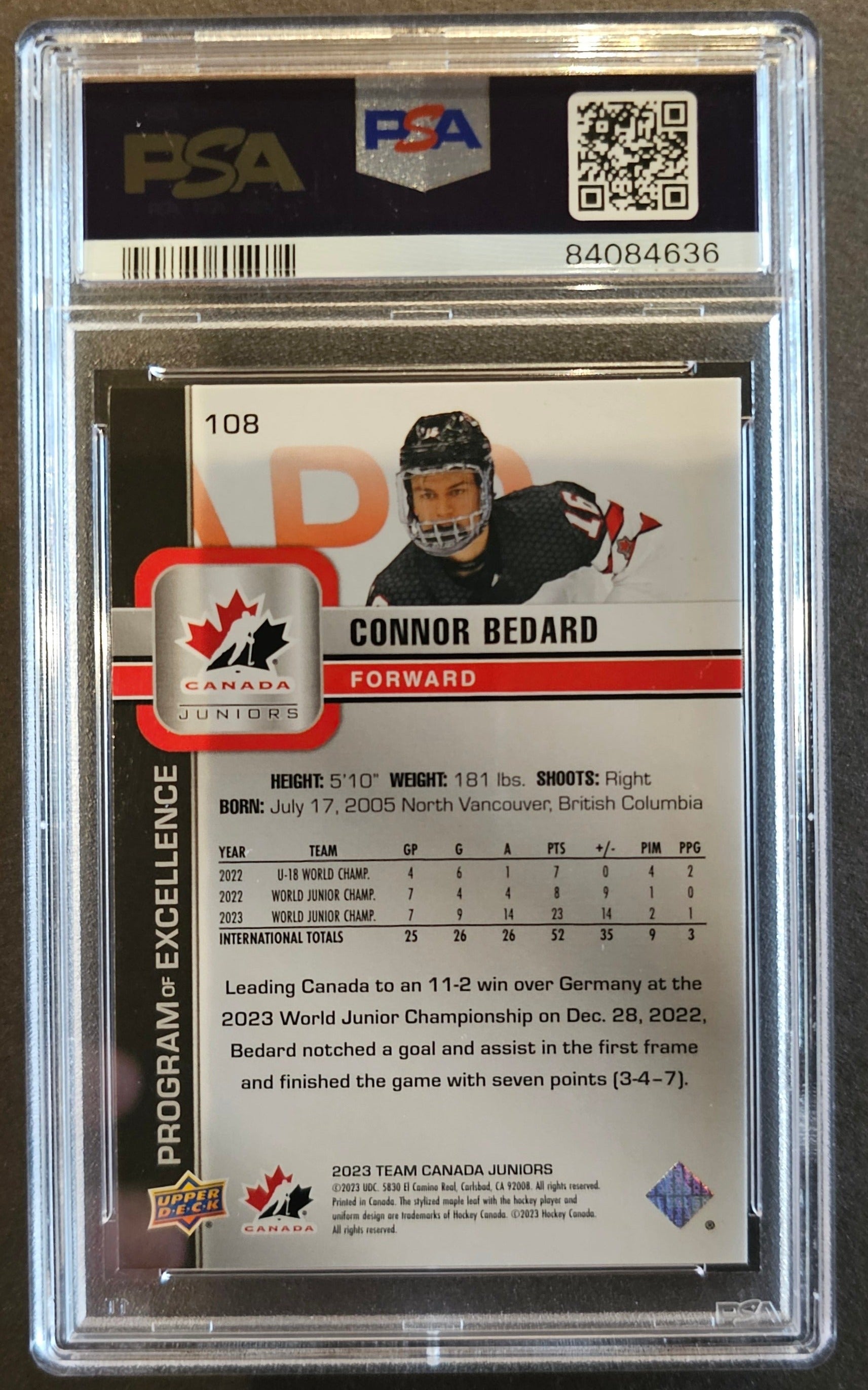 Connor Bedard Pride Of The Program - Graded PSA 10 - 2023 Team Canada Juniors