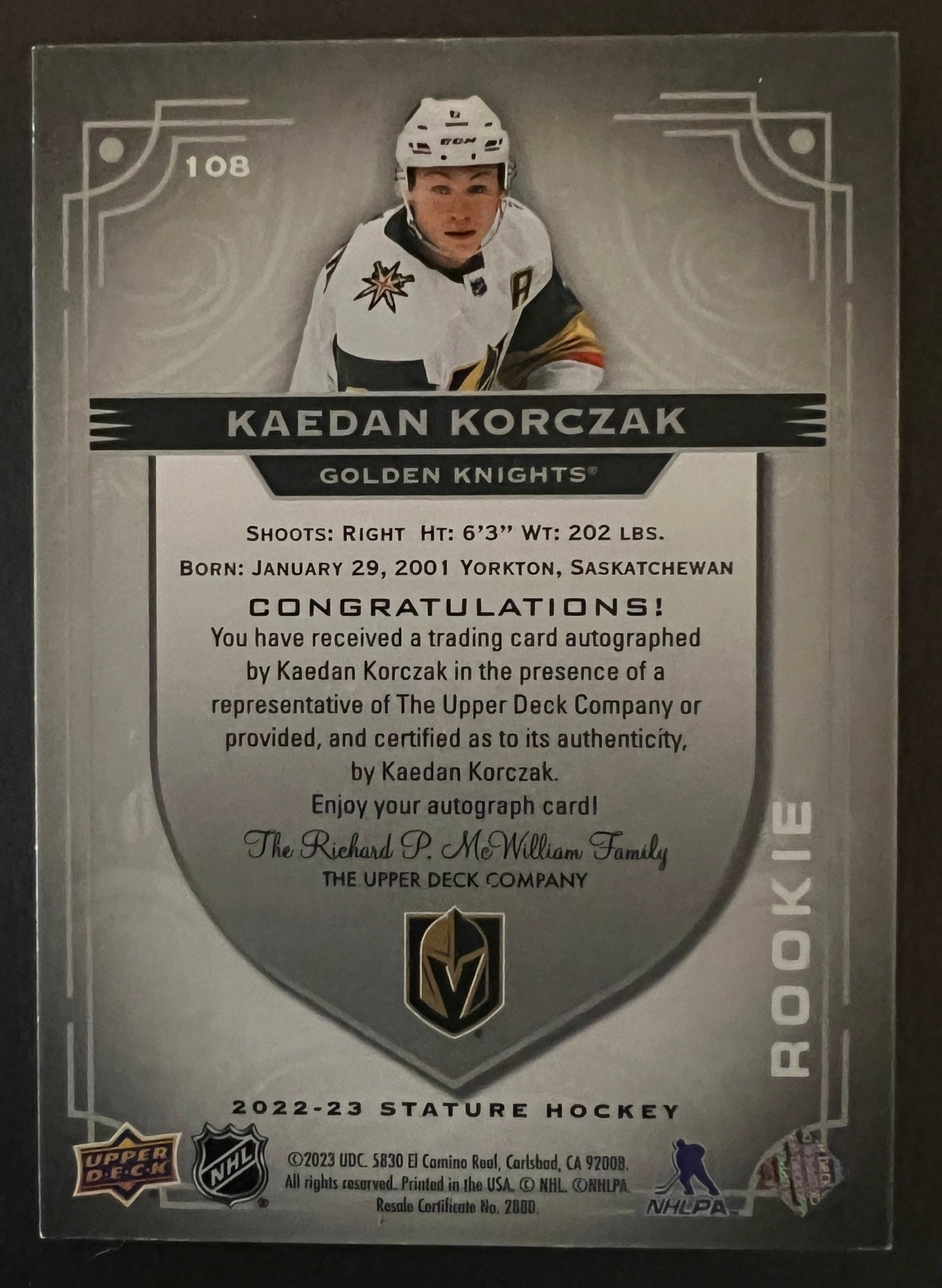 Kaedan Korczac Photo Variant Rookie Auto /49 - 2022/23 Stature