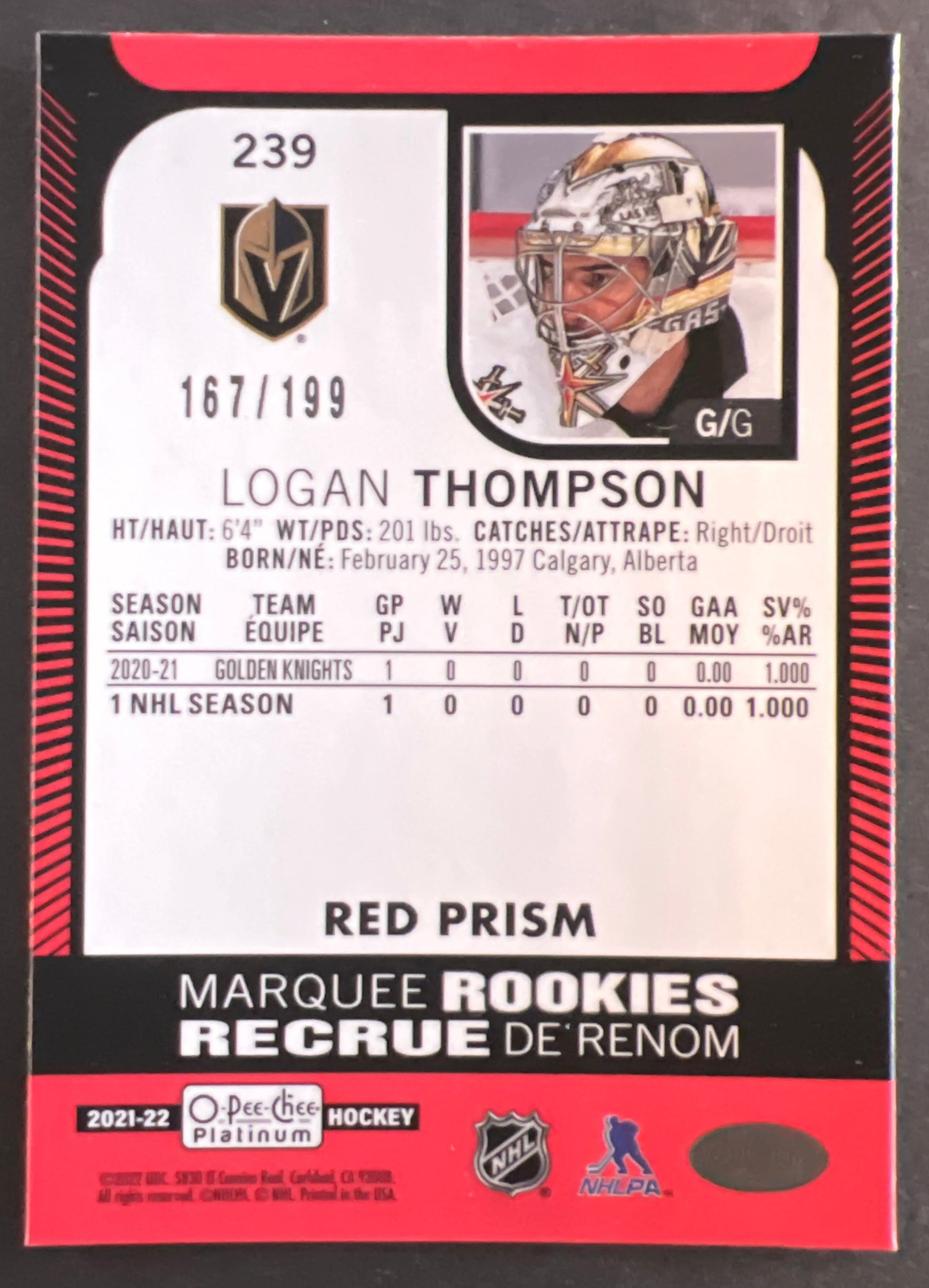 Logan Thompson Marquee Rookies Red Prism /199 - 2021/22 O-Pee-Chee Platinum 