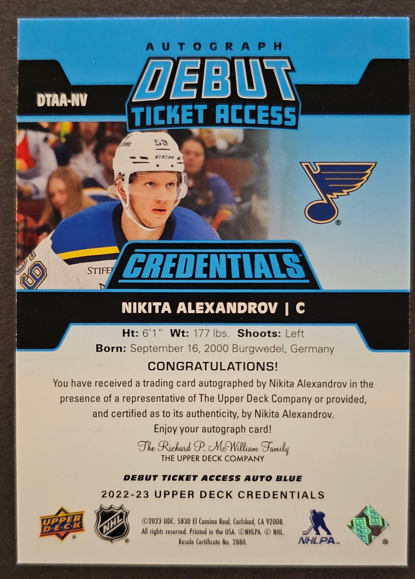 Nikita Alexandrov Debut Ticket Access Auto Blue /35 - 2022/23 Credentials