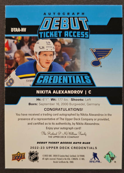 Nikita Alexandrov Debut Ticket Access Auto Blue /35 - 2022/23 Credentials