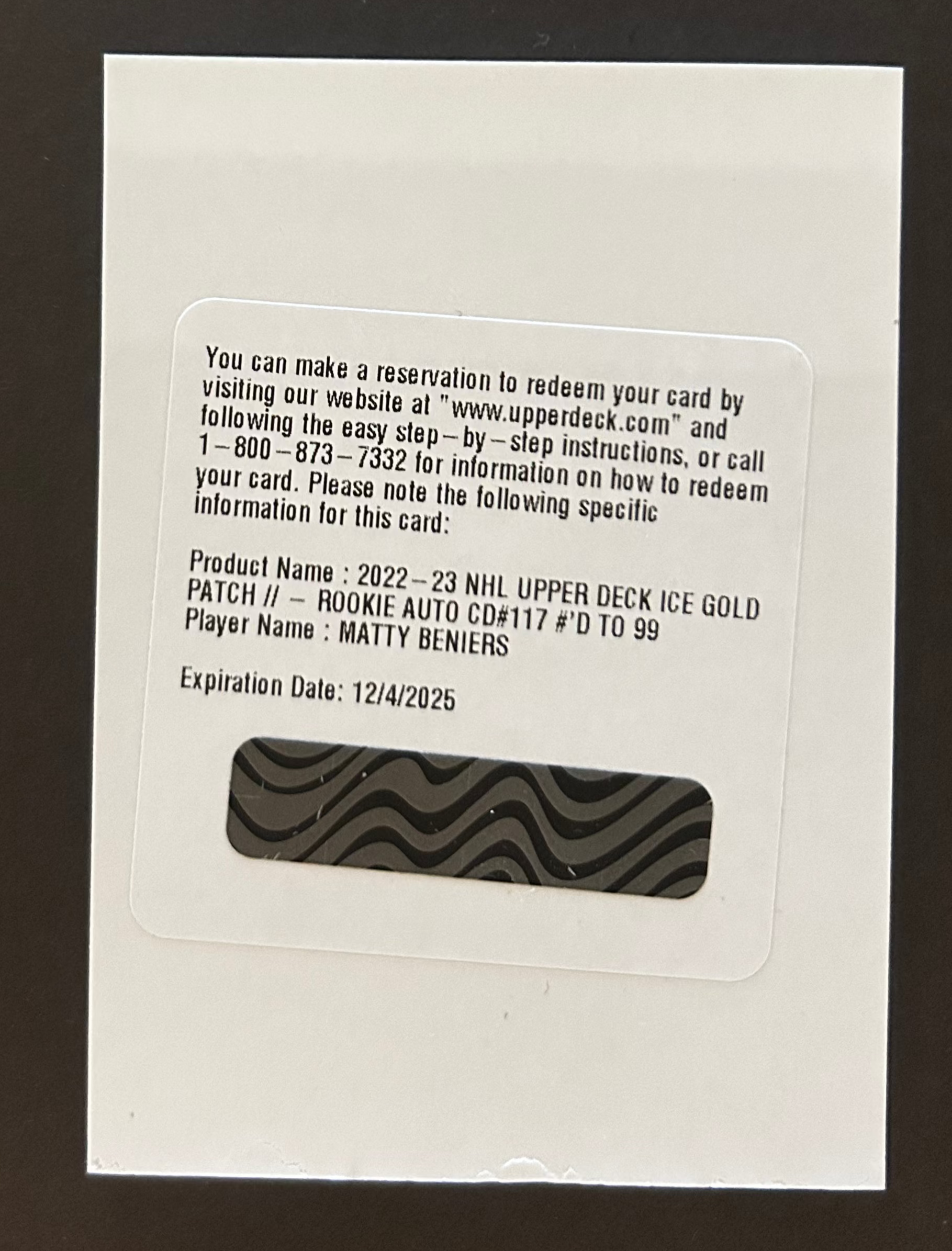 Matty Beniers Ice Gold Rookie Auto Patch /99 Redemption - 2022/23 Ice