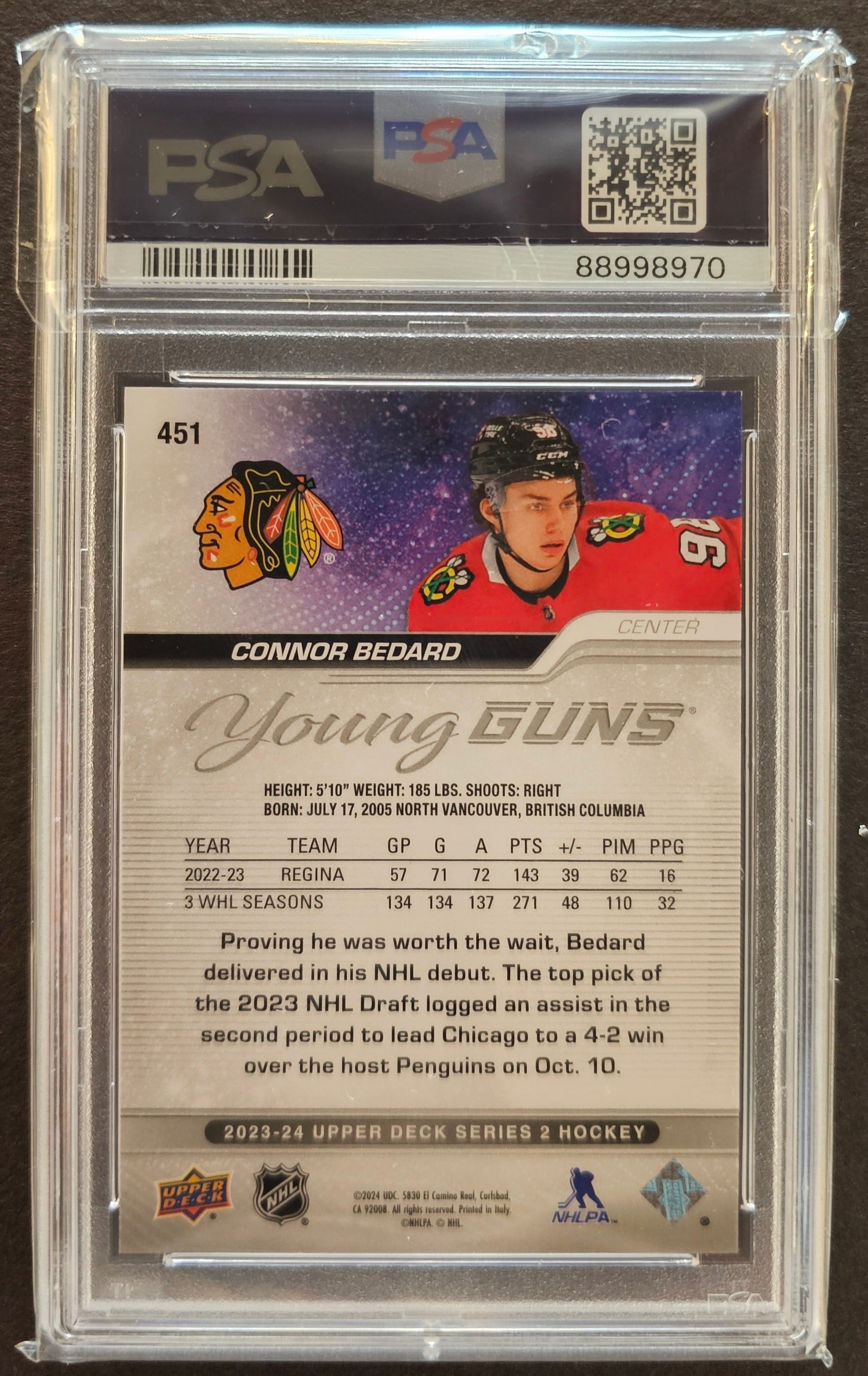 Connor Bedard Young Guns Rookie #451 - Graded PSA 9 - 2023/24 Series 2