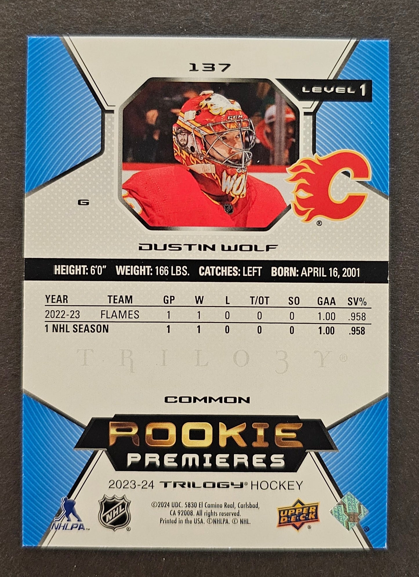 Dustin Wolf Rookie Premieres Level 1 /999 - 2023/24 Trilogy