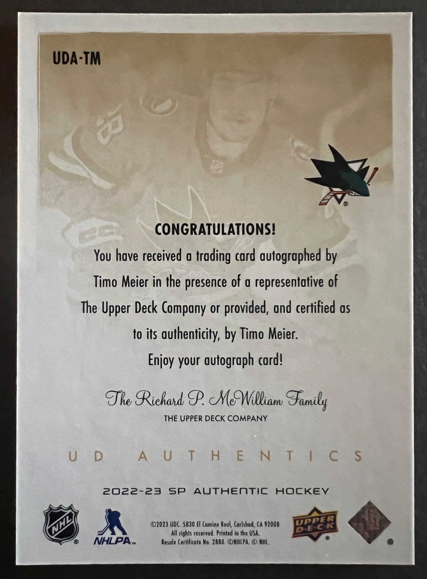 Timo Meier UD Authentics Auto - 2022/23 SP Authentic