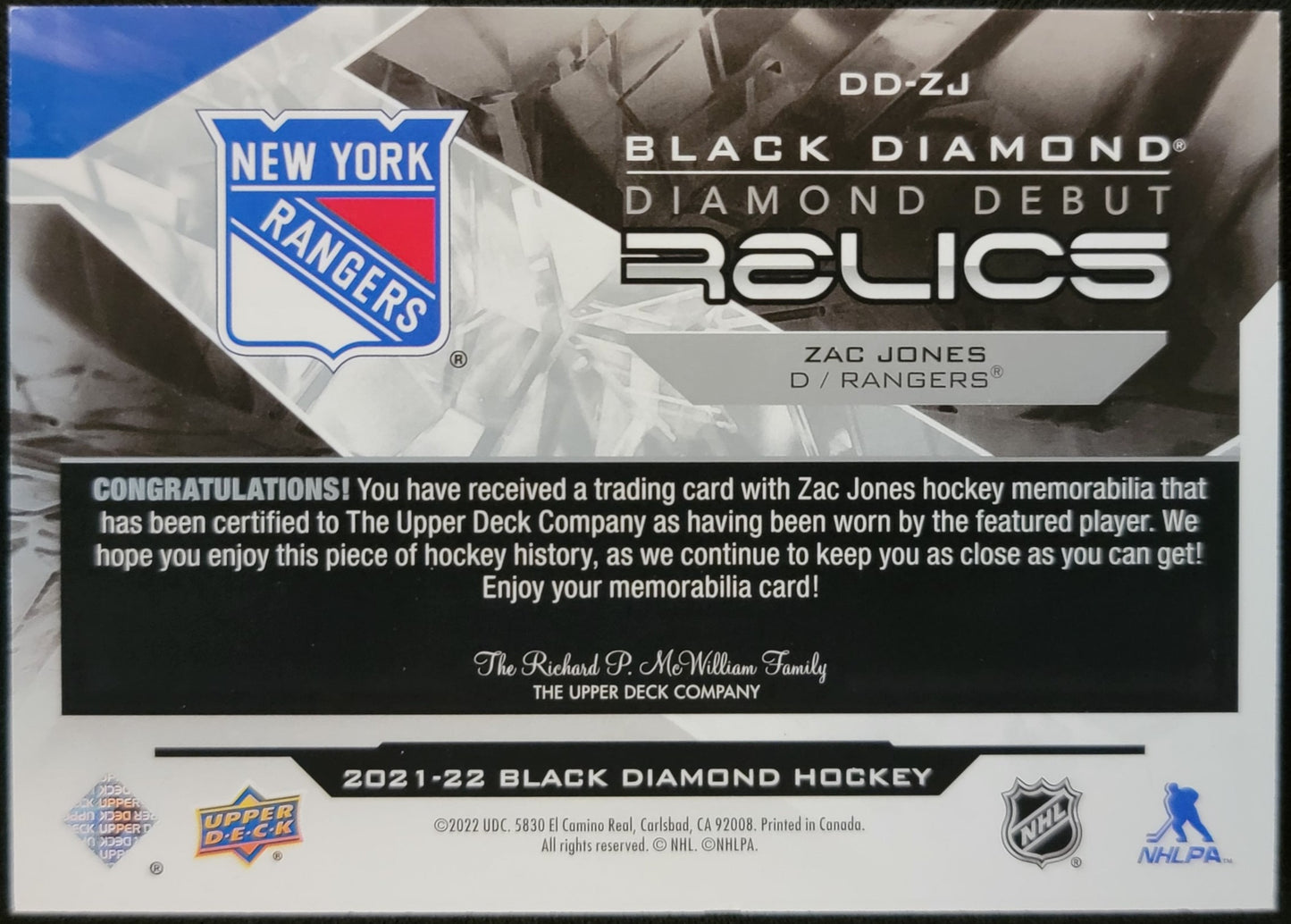 zac jones diamond debut relics card