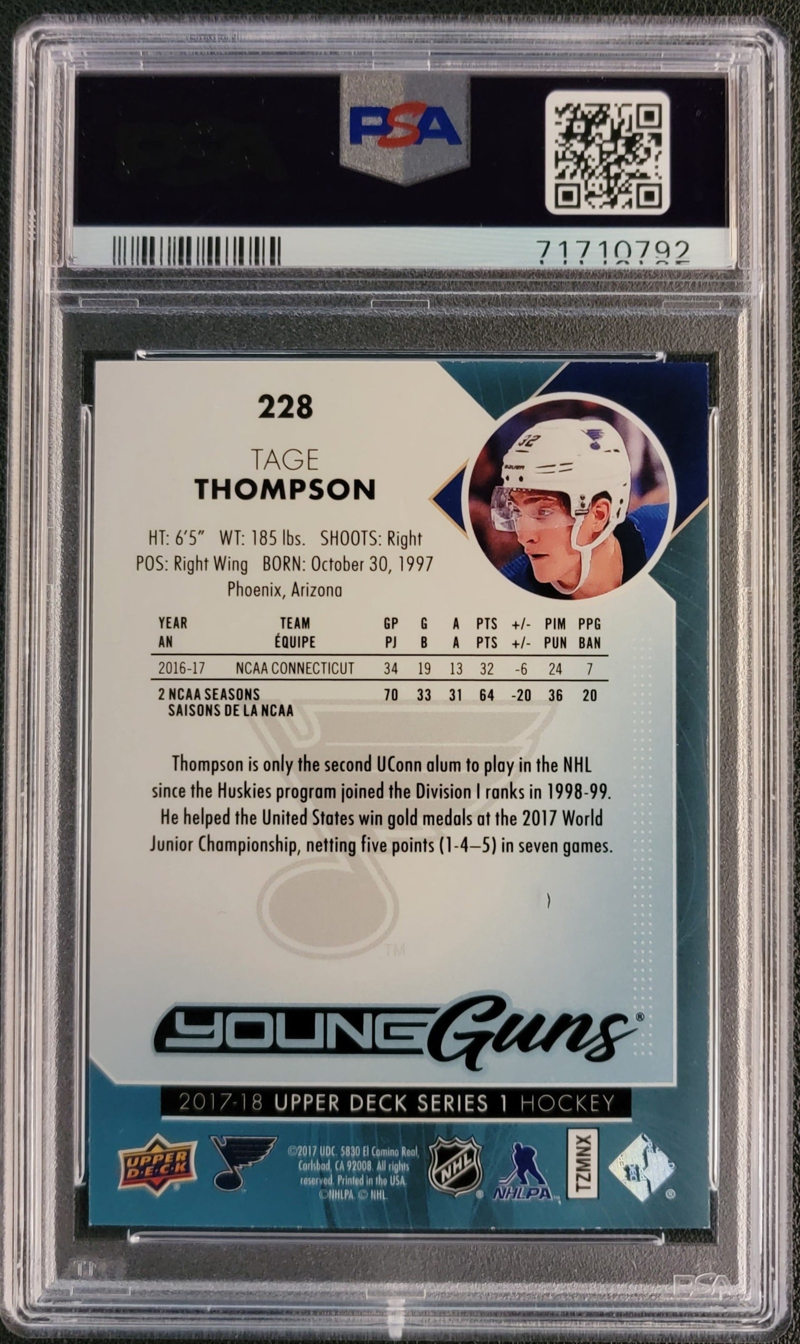 Tage Thompson Young Guns #228 (Rookie) Graded PSA 9 - 2017/18 UD Series 1