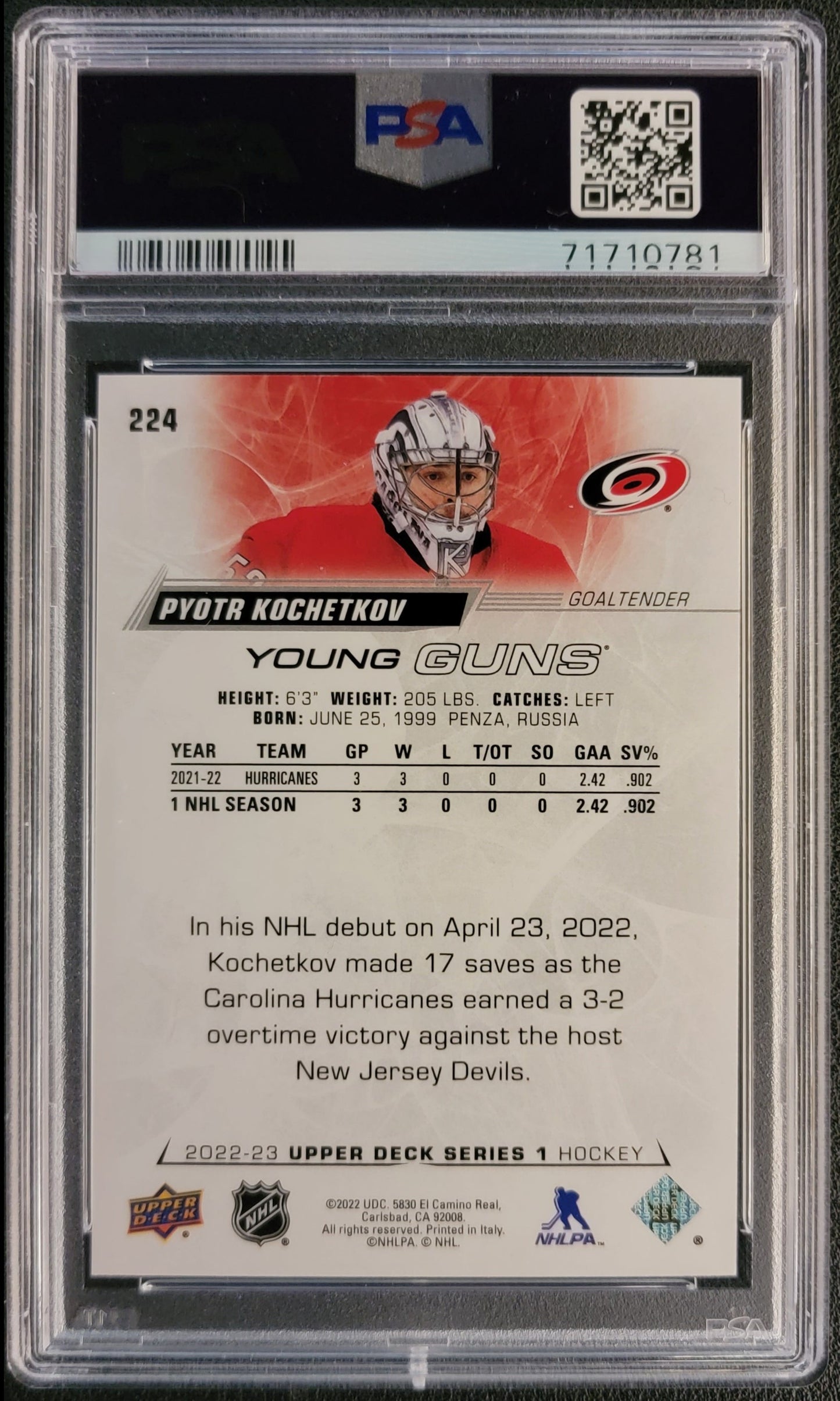 Pyotr Kochetkov Young Guns #224 (Rookie) Graded PSA 9 - 2022/23 UD Series 1