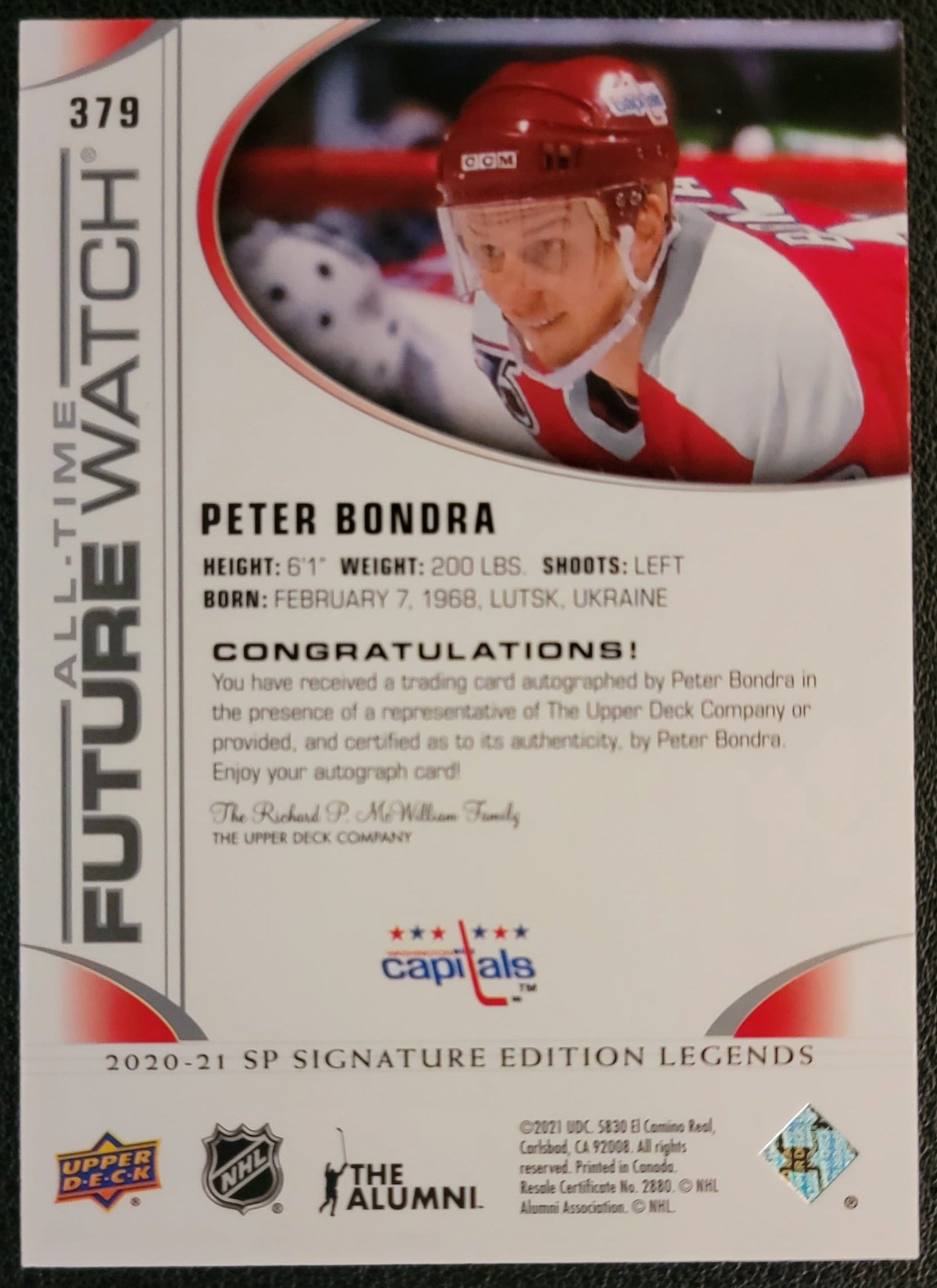 Peter Bondra All-Time Future Watch Auto 105/199 - SP Signature Edition Legends