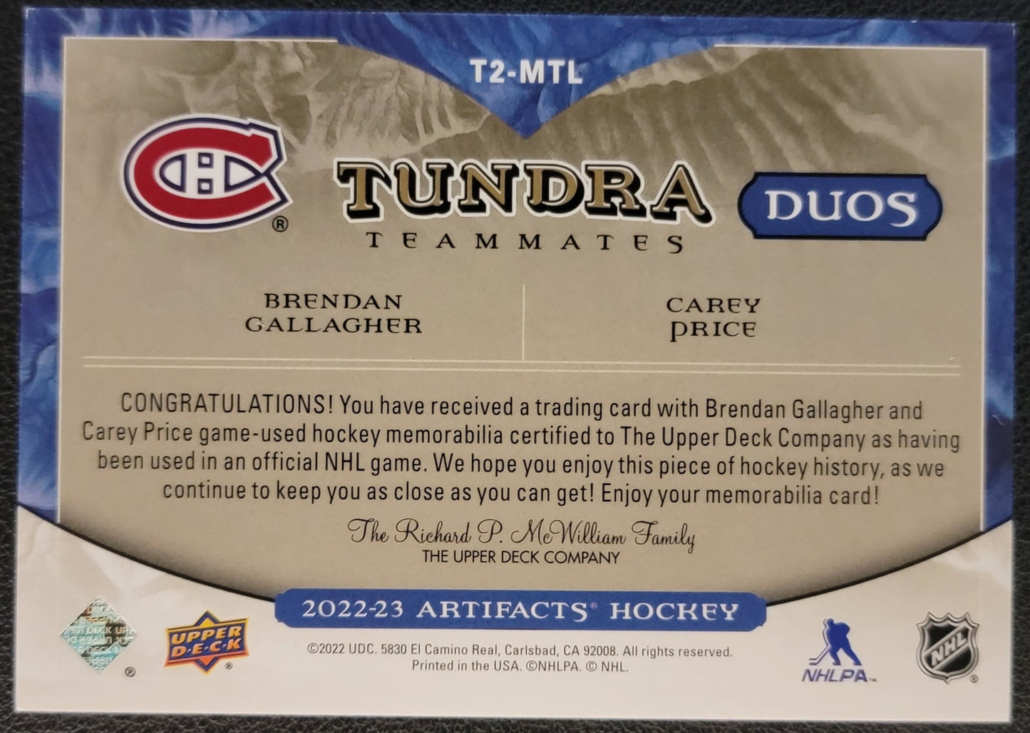 Brendan Gallagher / Carey Price Tundra Teammates Duos Patch 06/15 - 2022/23 Artifacts