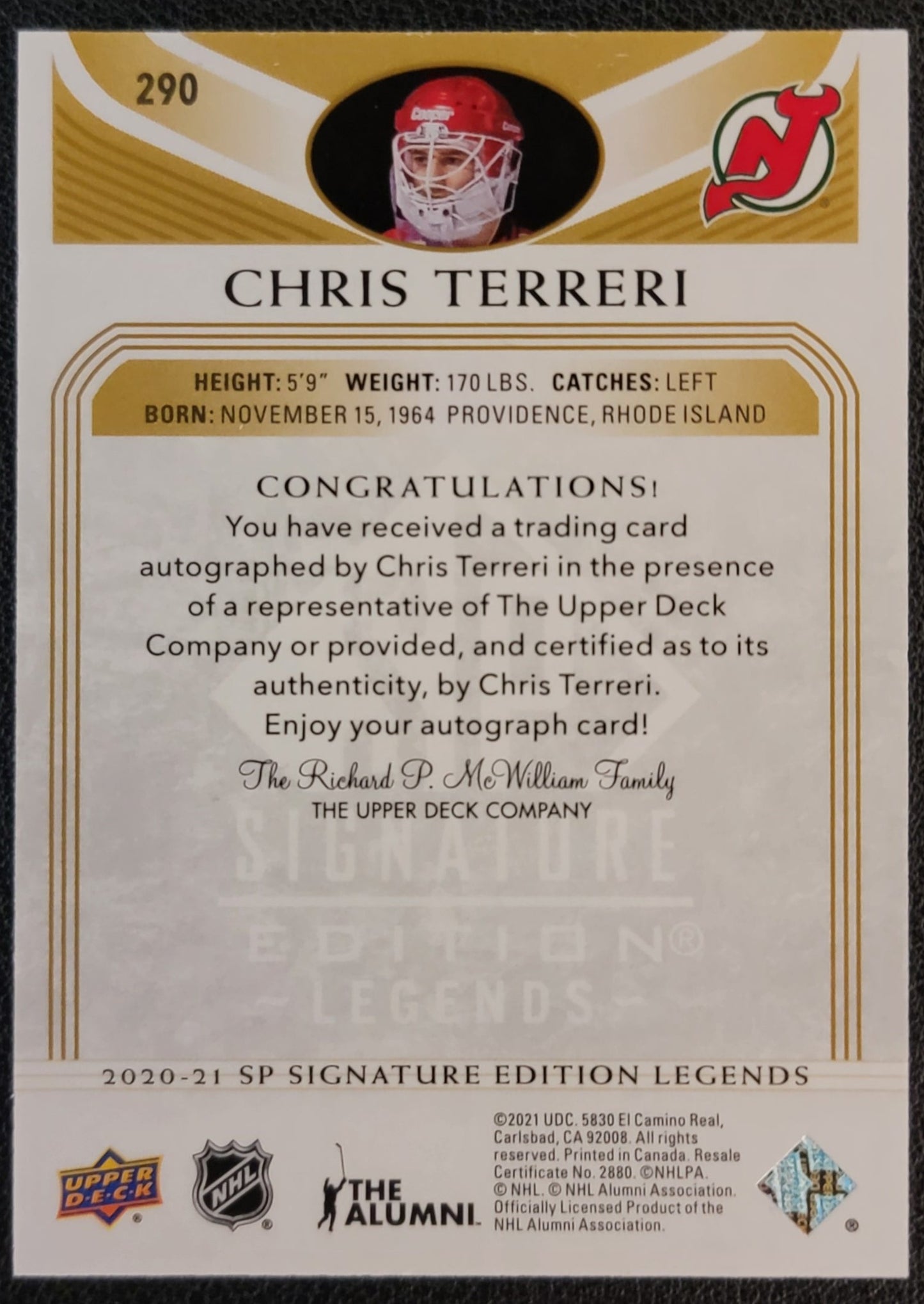 Chris Terreri Autograph #290 New Jersey Devils - 2020/21 SP Signature  Edition Legends