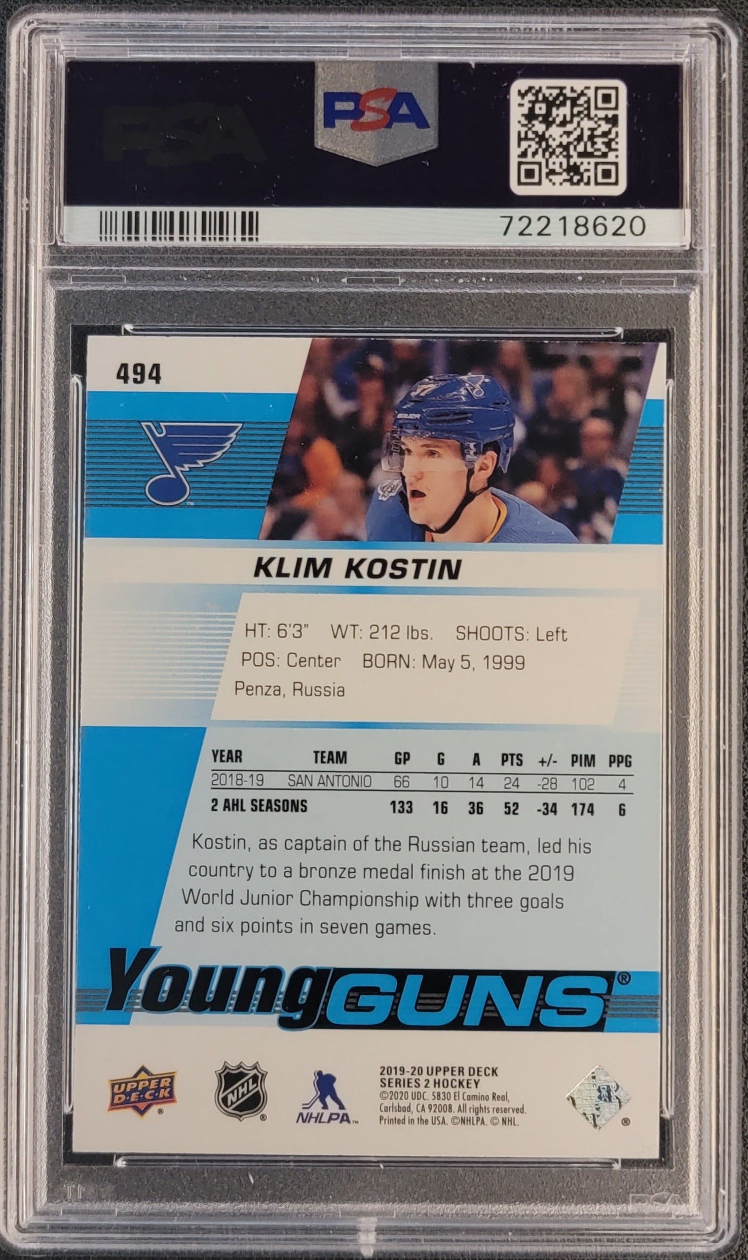 Kilm Kostin Young Guns (Rookie) #494 Graded PSA 10 - 2019/20 UD Series 2