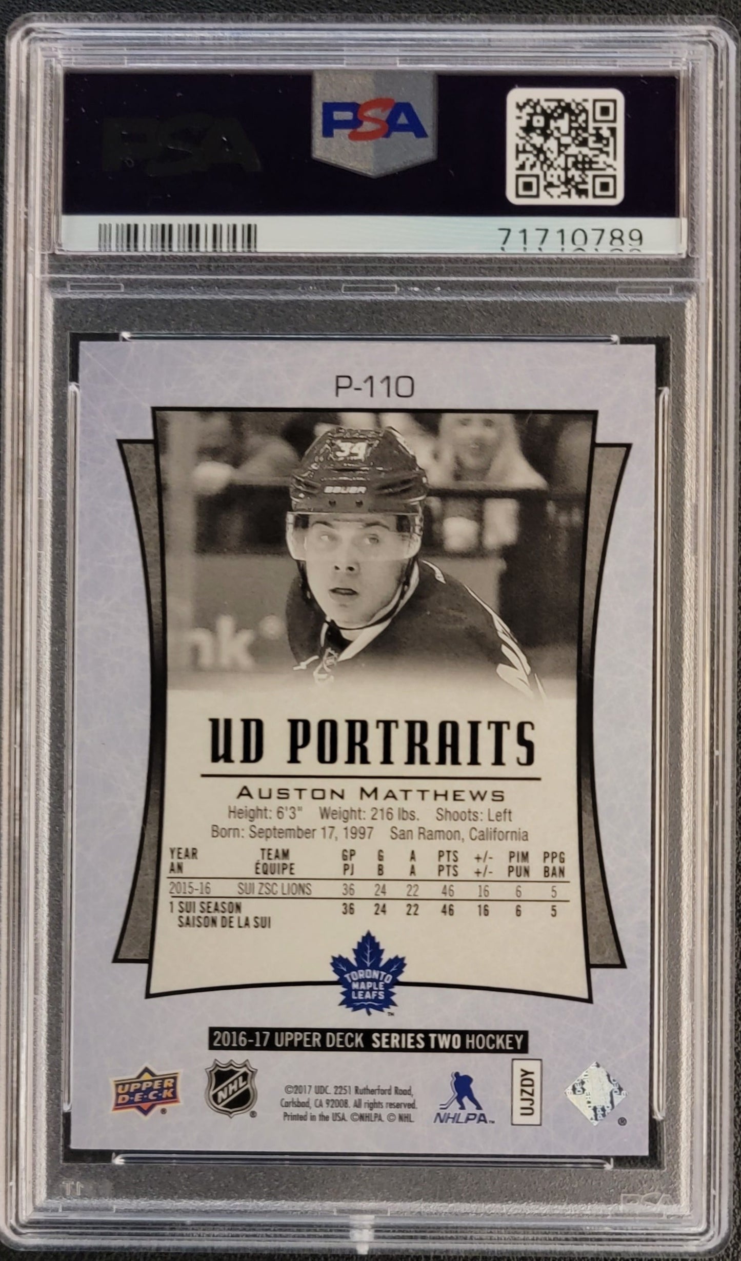 Auston Matthews Rookie Portraits #P110 Graded PSA 9 - 2016 UD Series 2