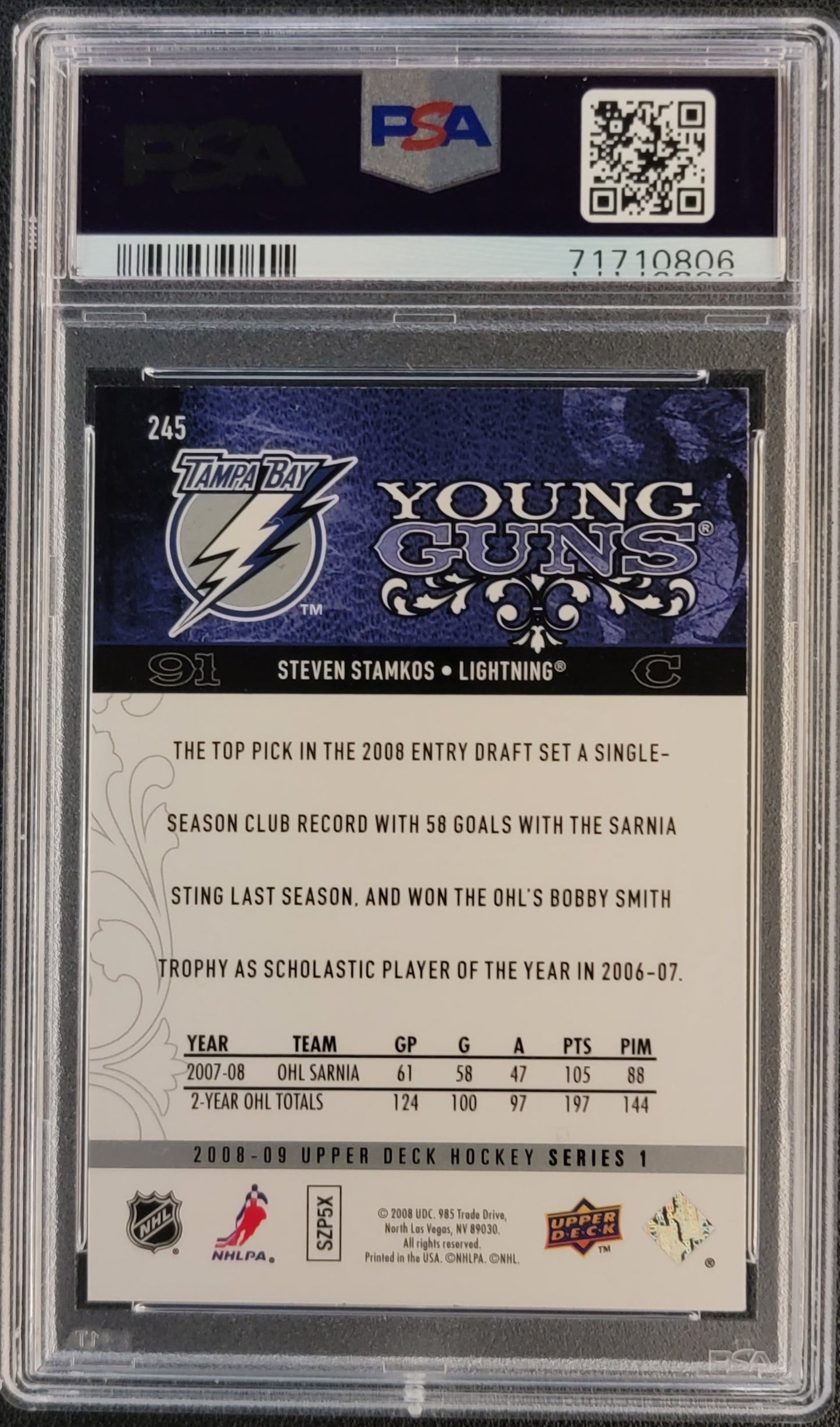 Steven Stamkos Young Guns (Rookie) #245 Graded PSA 9 - 2008/09 UD Series 1