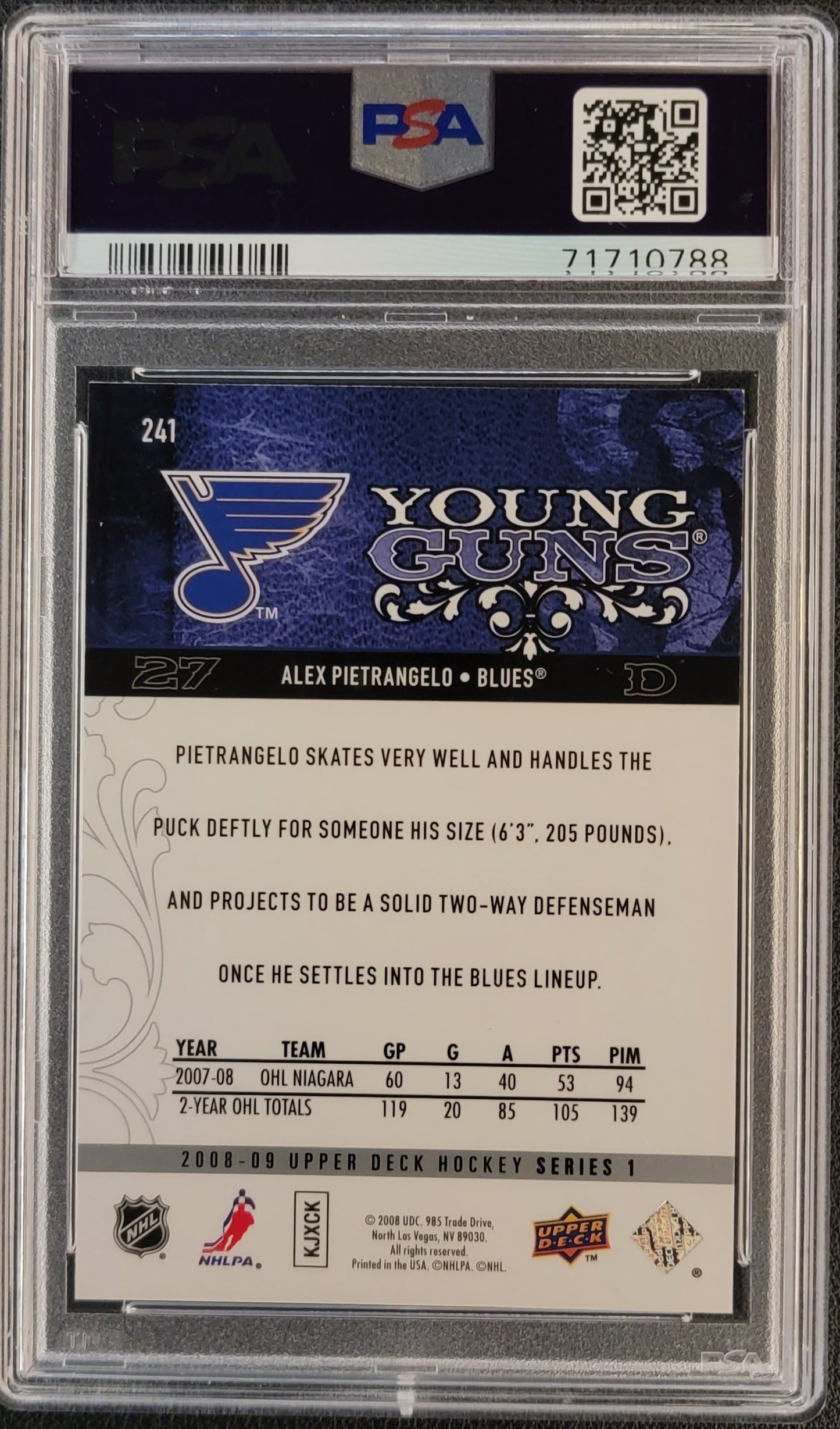 Alex Pietrangelo Young Guns (Rookie) #241 Graded PSA 9 - 2008/09 UD Series 1