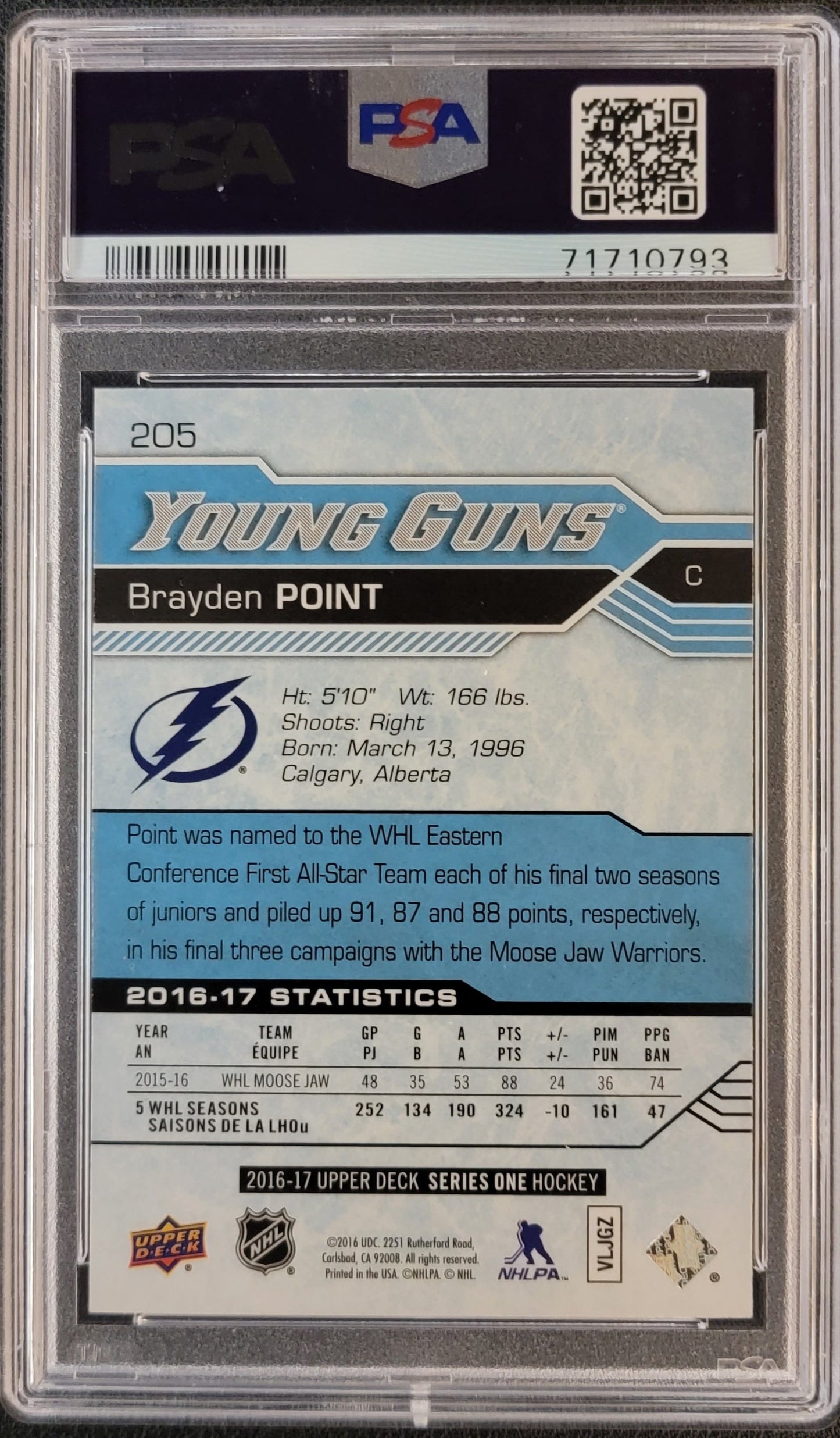 Brayden Point Young Guns (Rookie) #205 Graded PSA 9 - 2016/17 UD Series 1