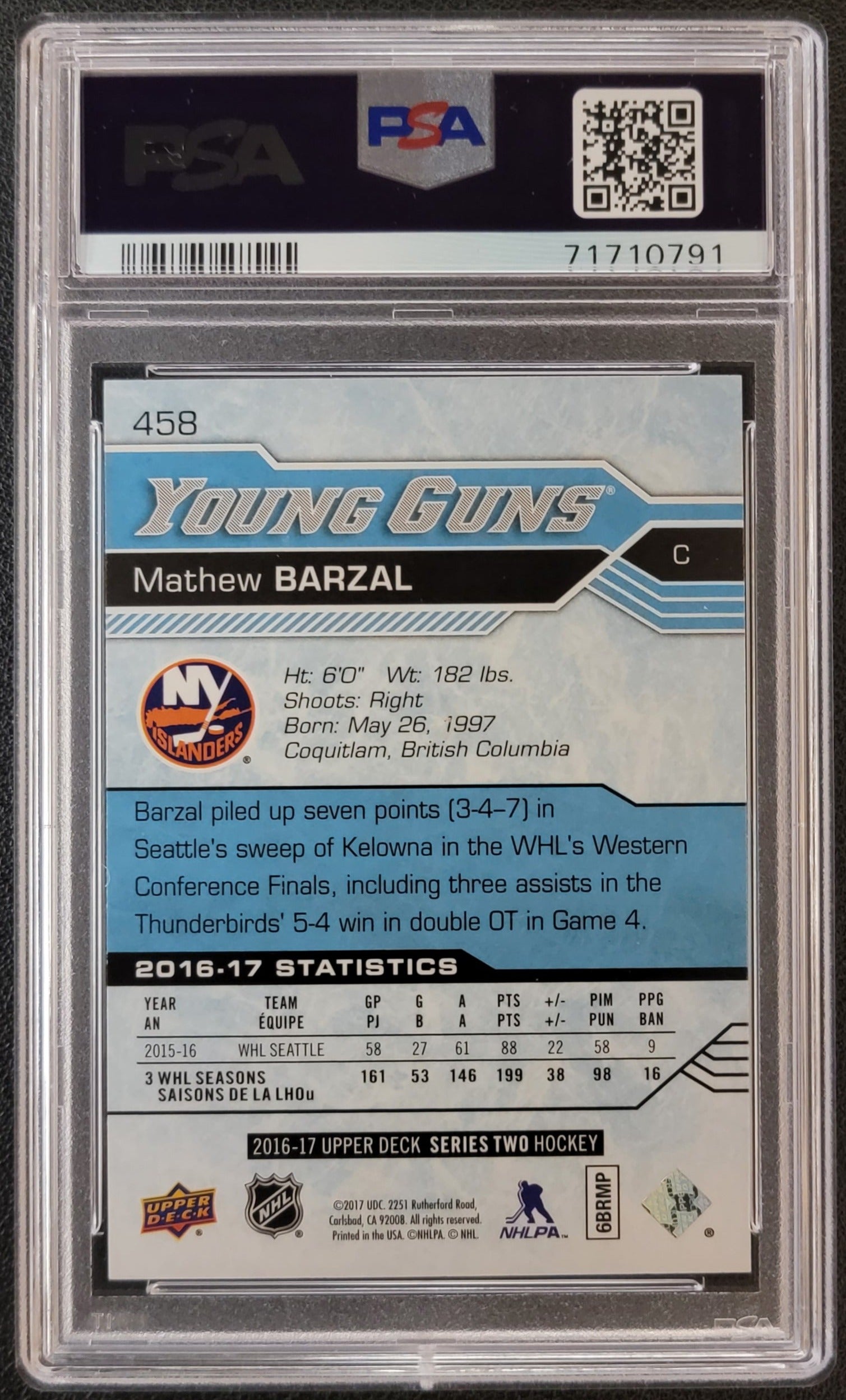 Mathew Barzal Young Guns (Rookie) #458 Graded PSA 9 - 2016/17 UD Series 2