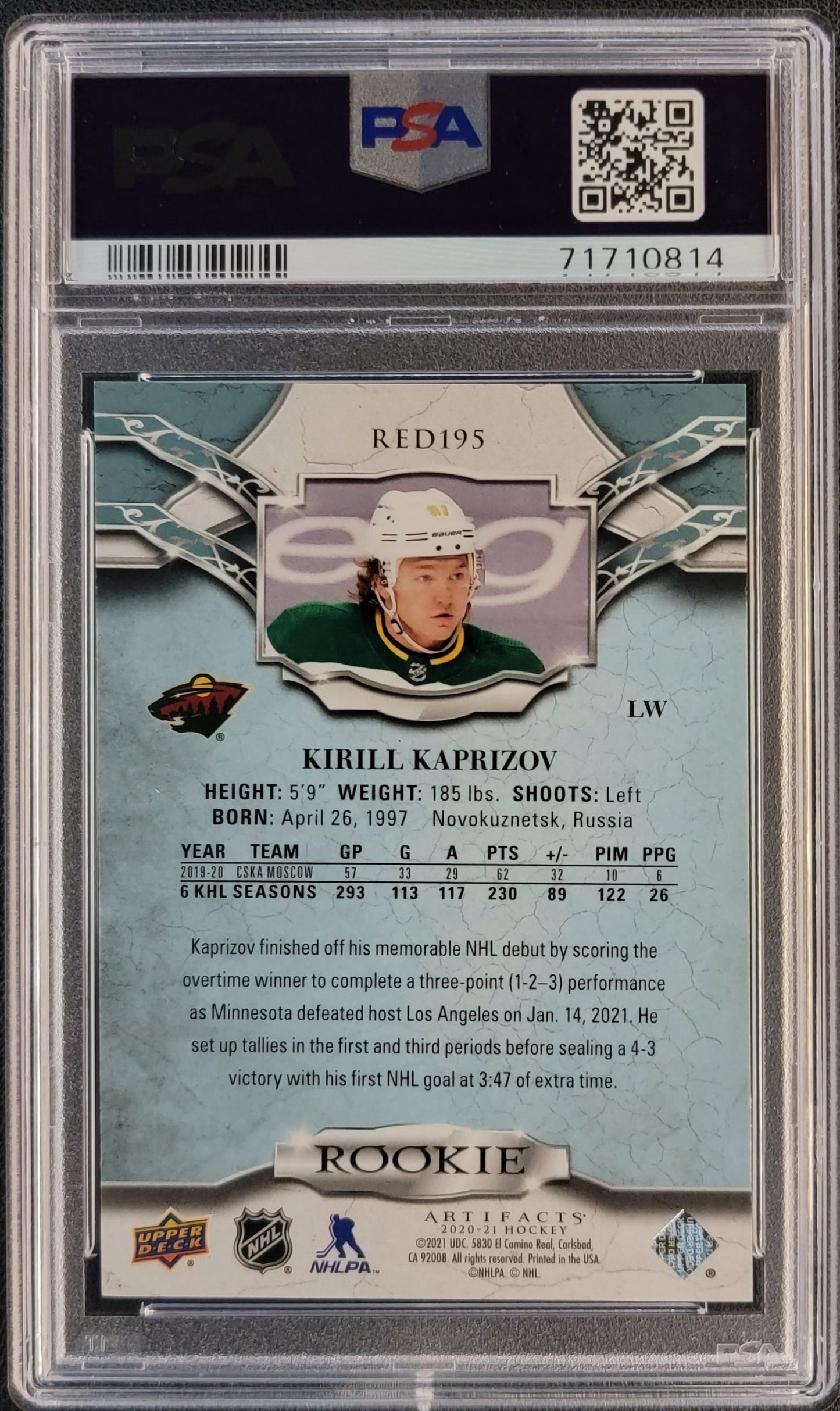 Kirill Kaprizov Rookie Redemptions 168/999 #RED195 Graded PSA 9 - 2020 Artifacts