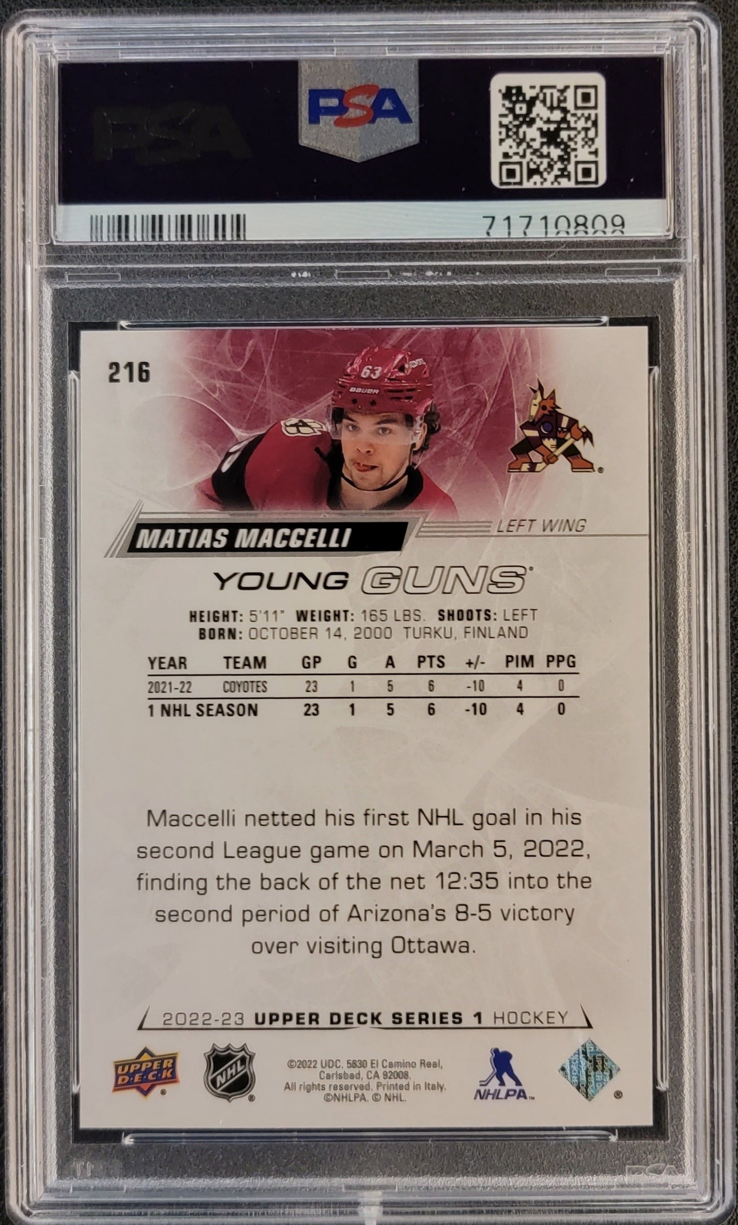 Matias Maccelli Young Guns (Rookie) #216 Graded PSA 9 - 2022/23 UD Series 1