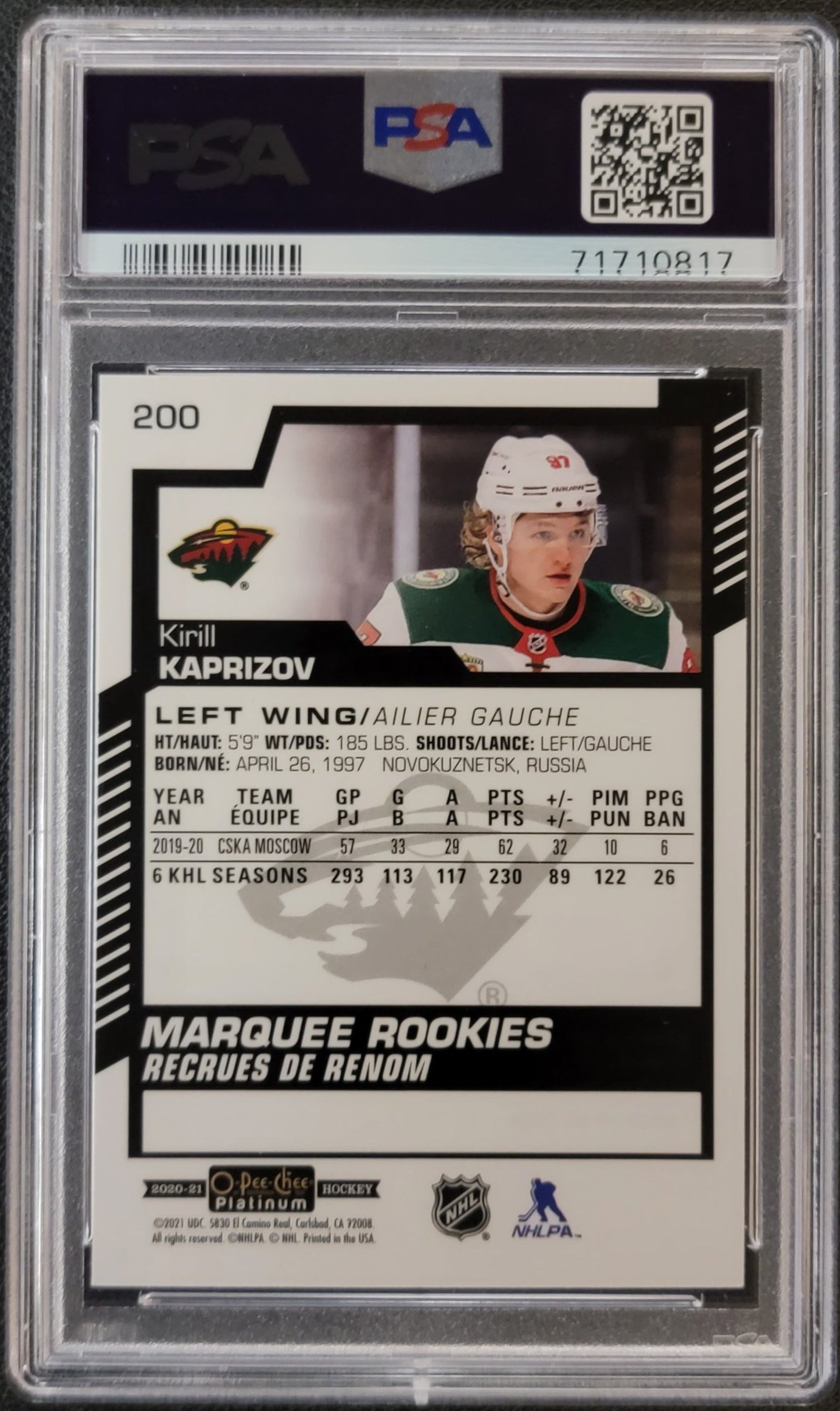 Kirill Kaprizov Marquee Rookie #200 Graded PSA 10 - 2020 O-Pee-Chee Platinum