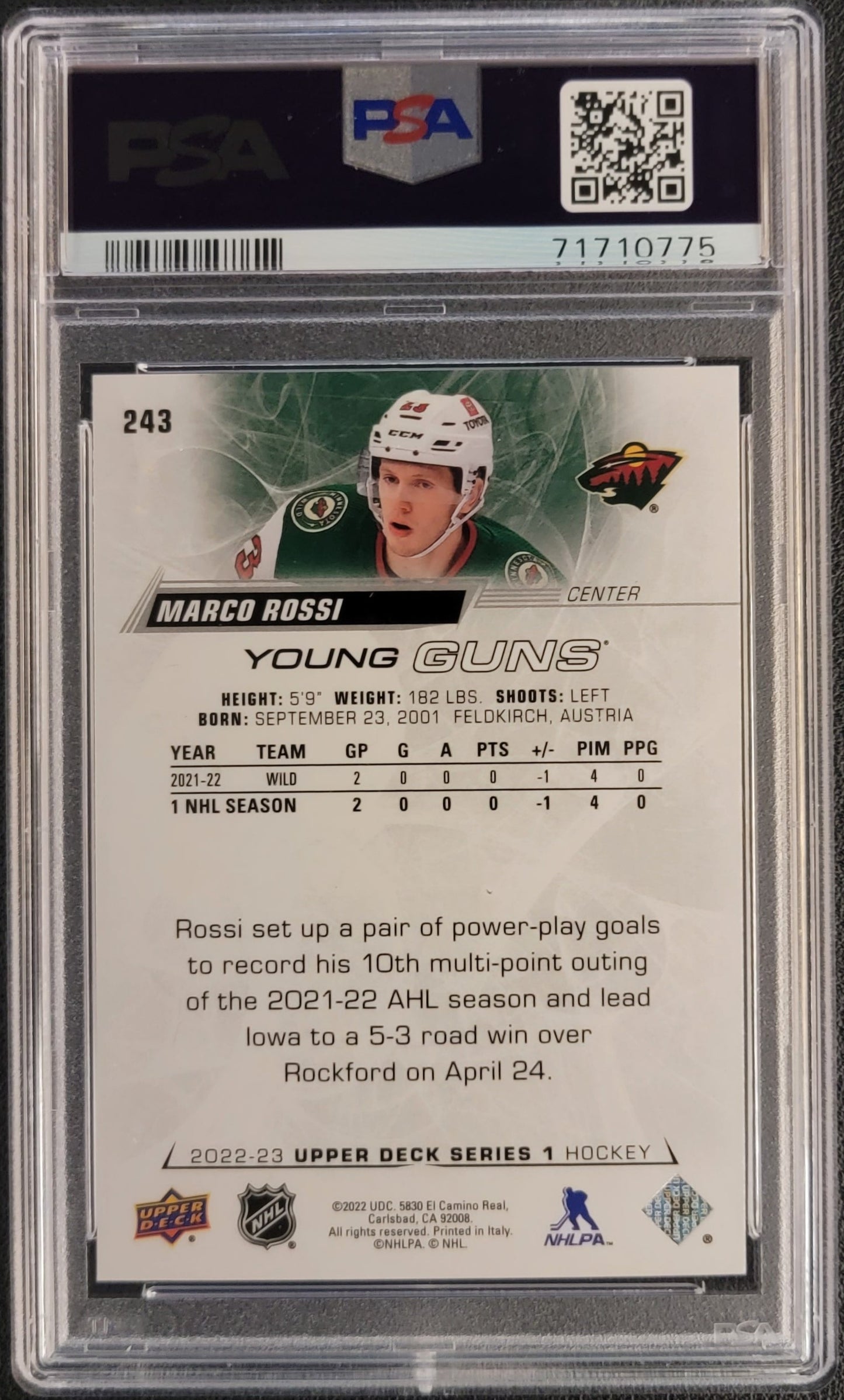 Marco Rossi Young Guns (Rookie) #243 Graded PSA 9 - 2022/23 UD Series 1