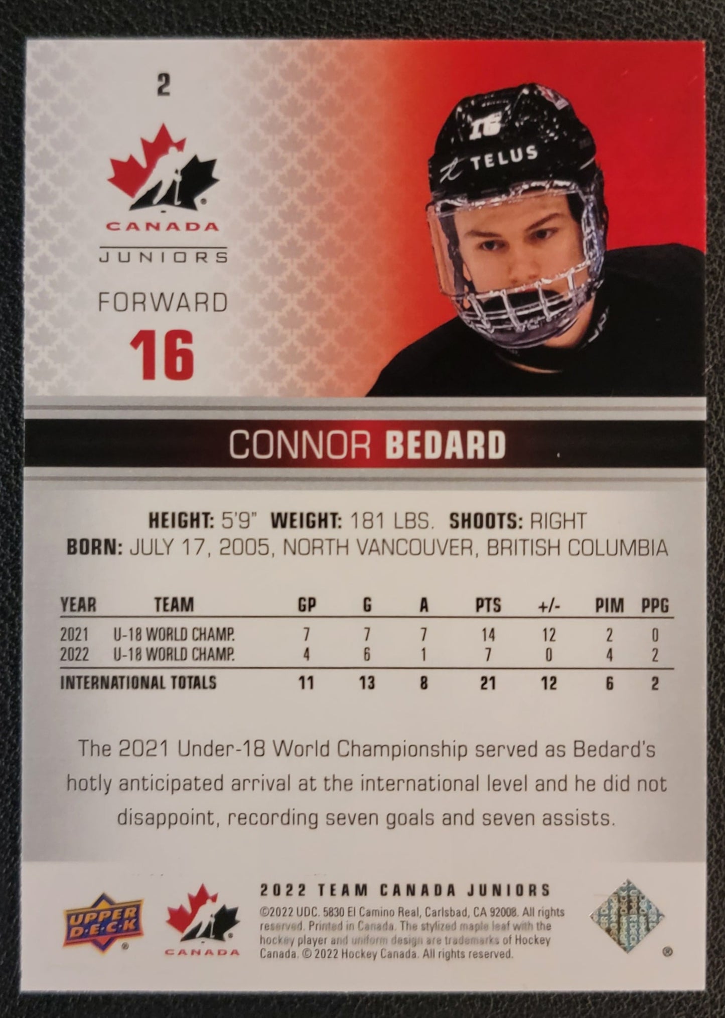 Connor Bedard Base #2 - 2022 Team Canada Juniors