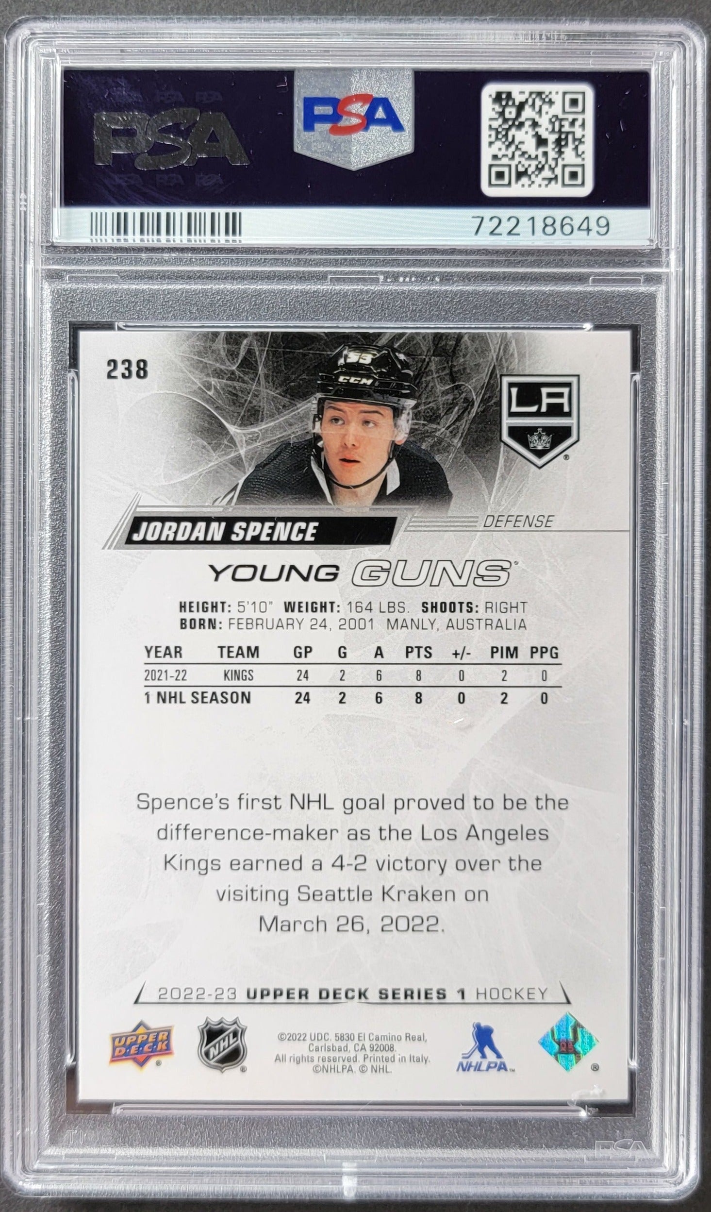 Jordan Spence Young Guns (Rookie) #238 Graded PSA 10 - 2022/23 UD Series 1