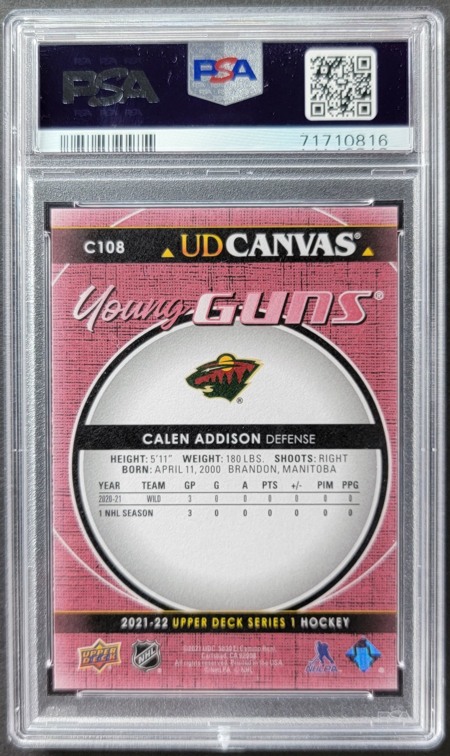 Calen Addison Young Guns Canvas (Rookie) #C108 Graded PSA 9 - 2021/22 UD Series 1