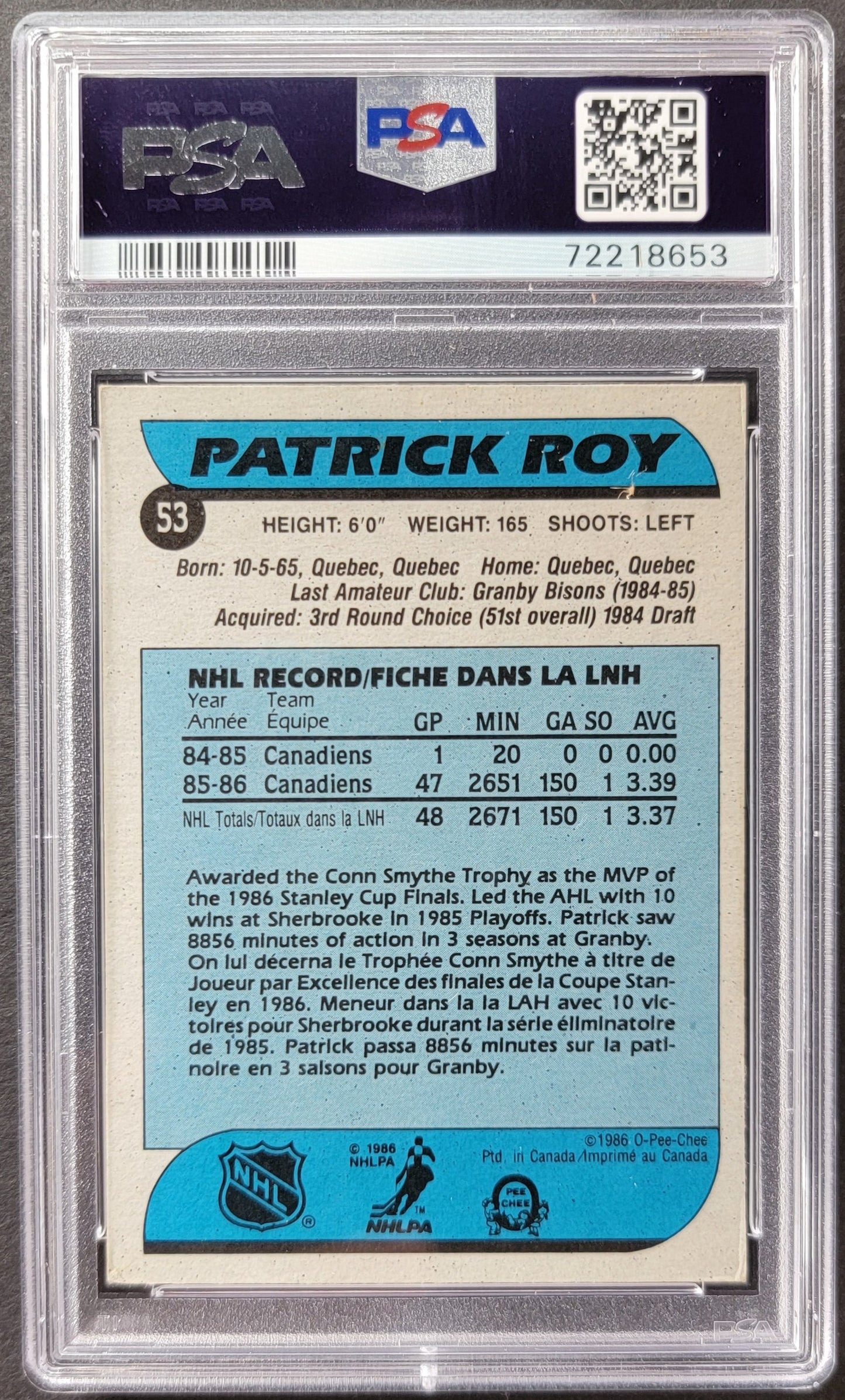 Patrick Roy Rookie Card #53 Graded PSA 4 - 1986 O-Pee-Chee