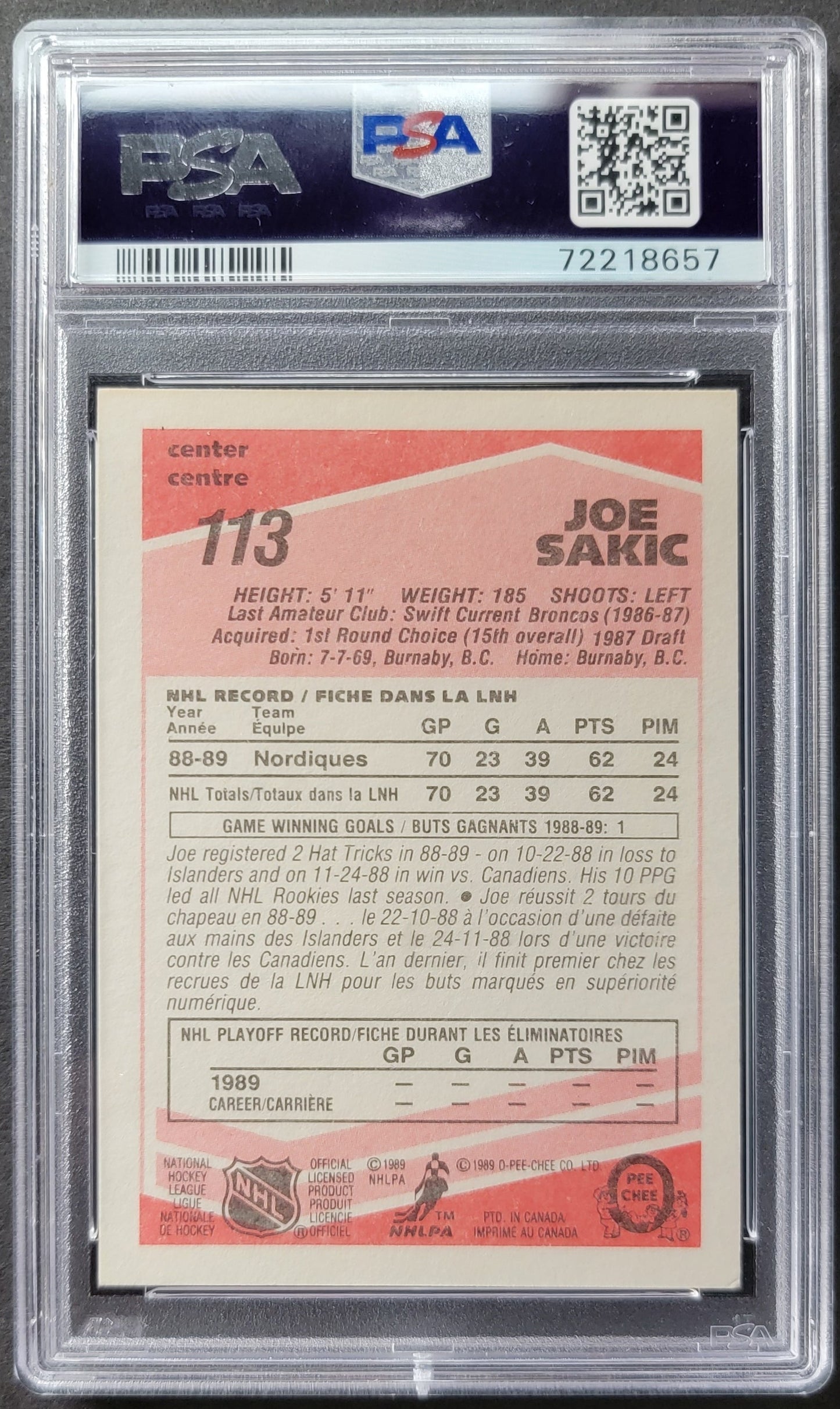 Joe Sakic Rookie Card #113 Graded PSA 5 - 1989 O-Pee-Chee