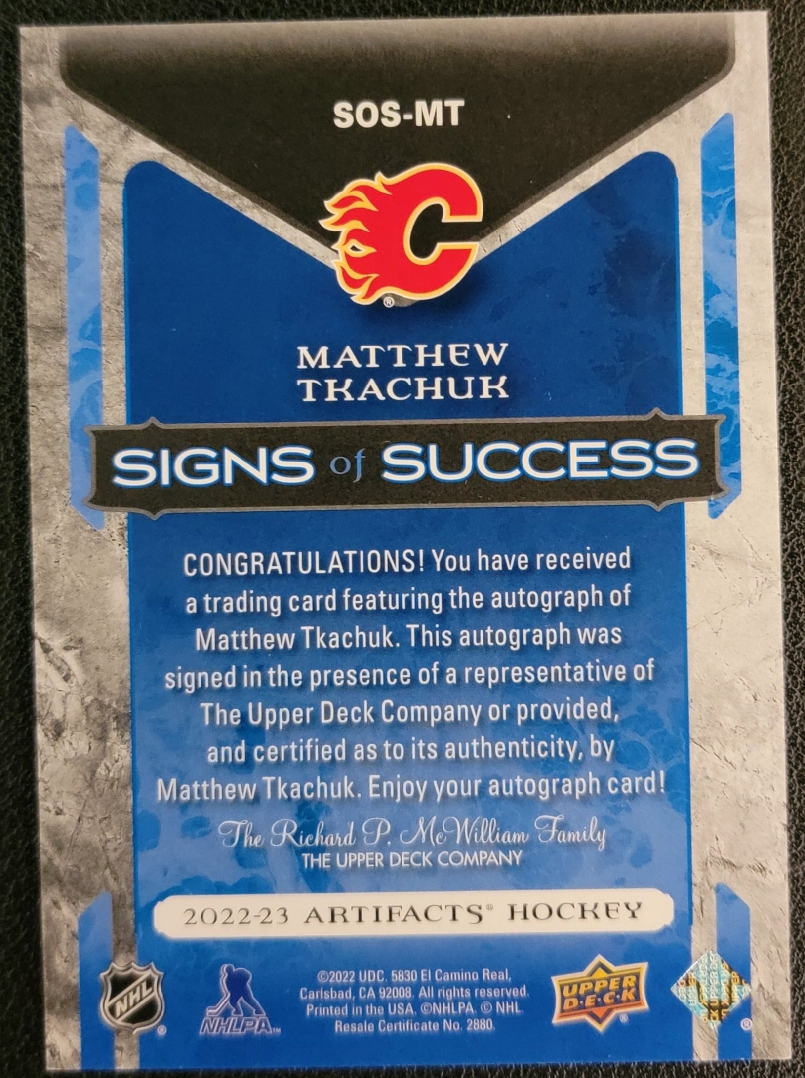 Matthew Tkachuk Signs of Success Autograph 47/49 - 2022/23 Artifacts