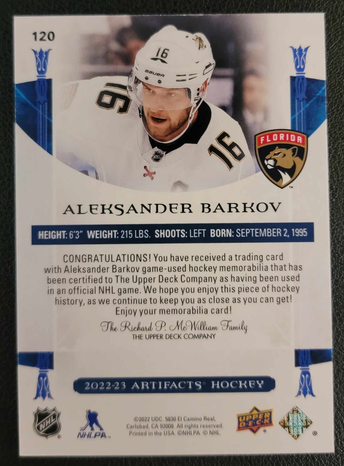 Aleksander Barkov Gold Materials Parallel 053/199 - Dual Jersey - 2022/23 Artifacts