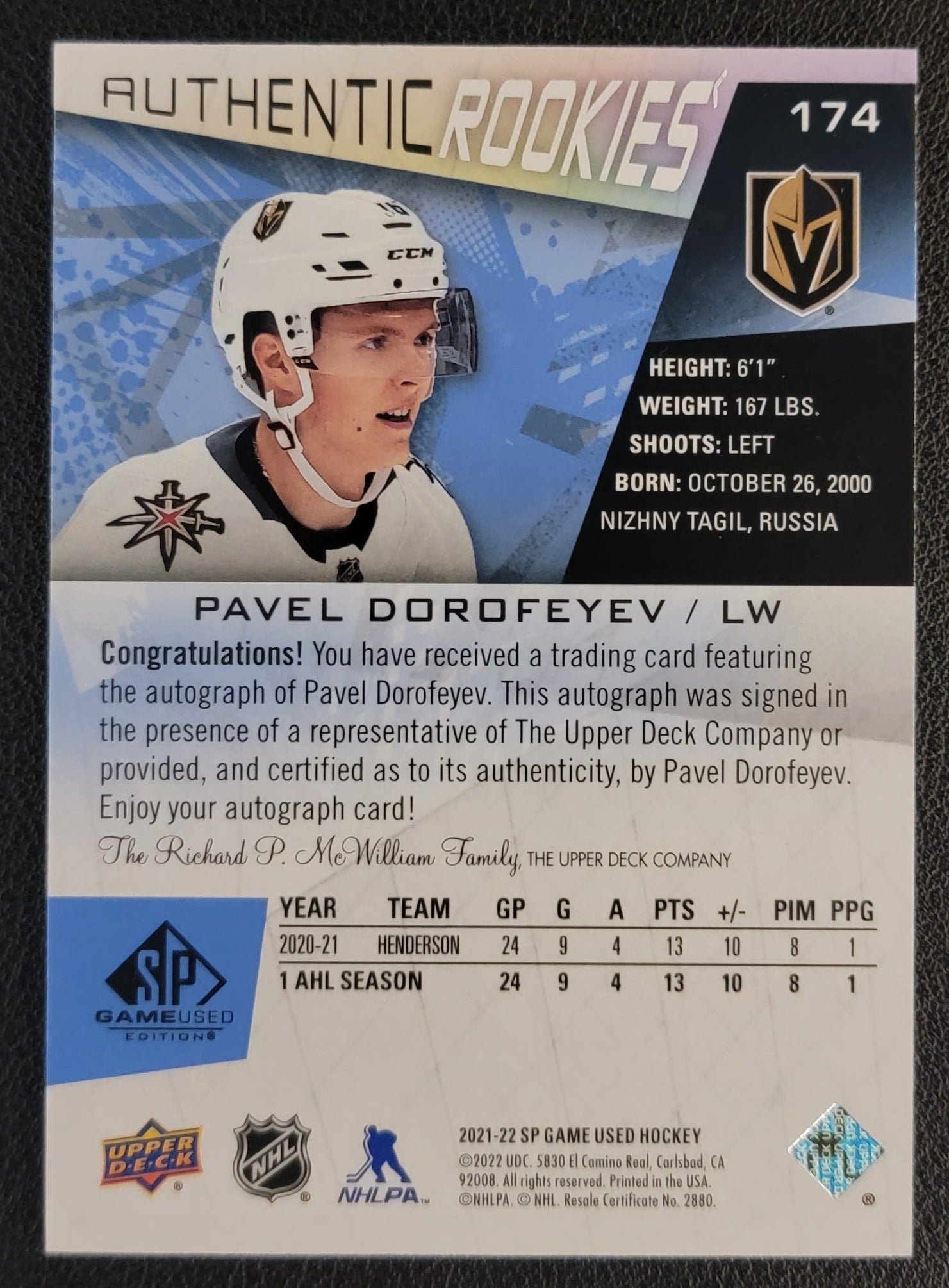 Pavel Dorofewev Authentic Rookies Auto - 2021/22 SP Game Used