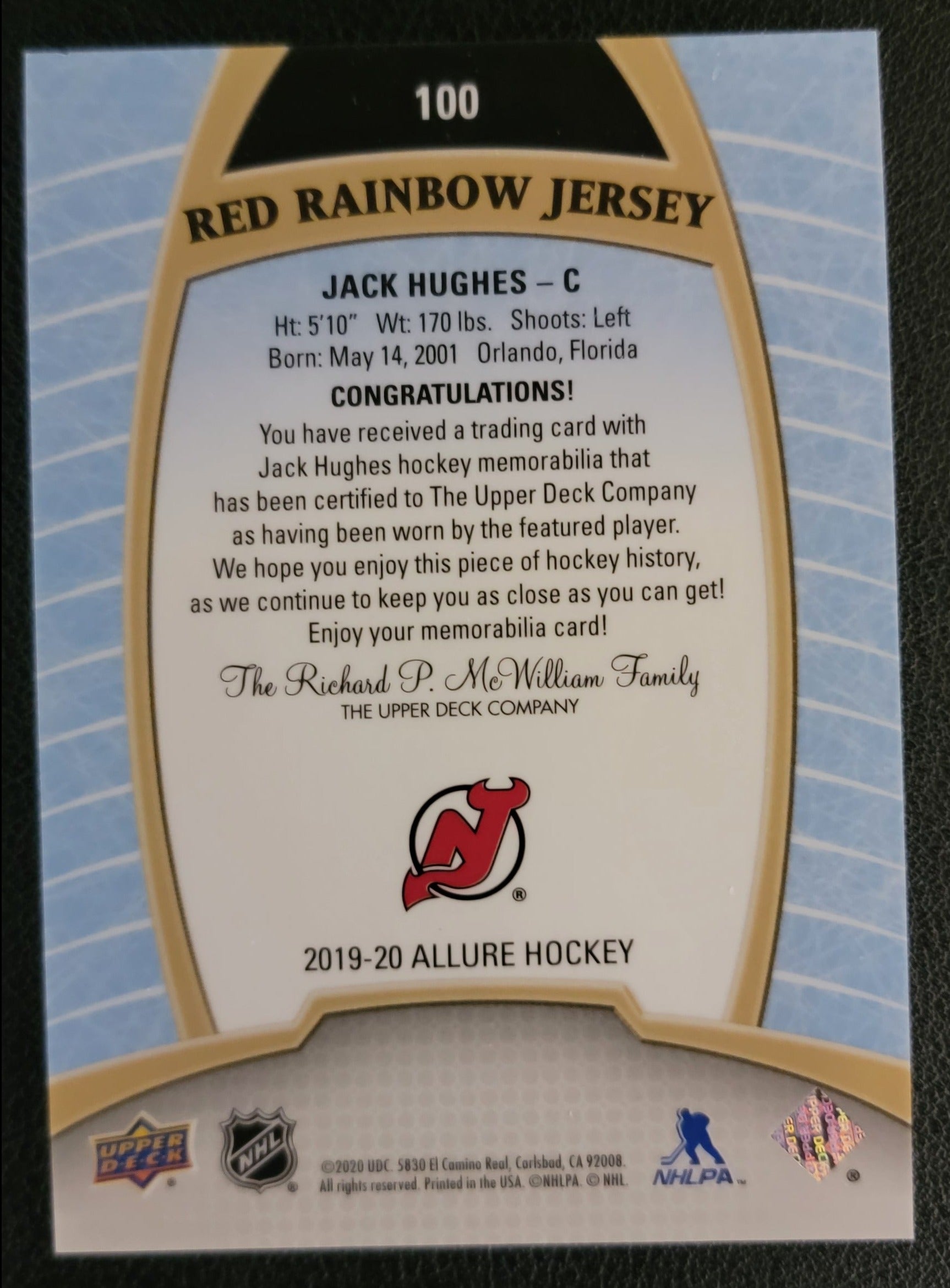 Jack Hughes Rookie Red Rainbow Jersey - 2019/20 Allure