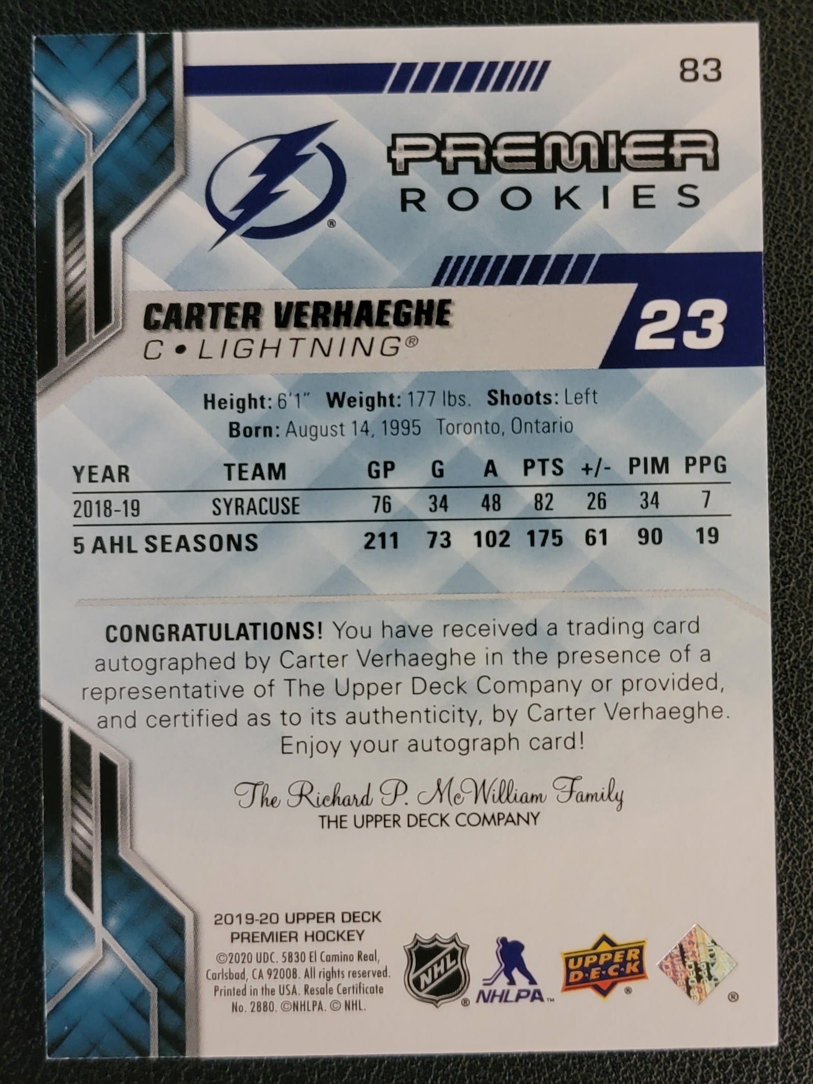 Carter Verhaeghe Premier Rookies Autograph - 2019/20 Premier