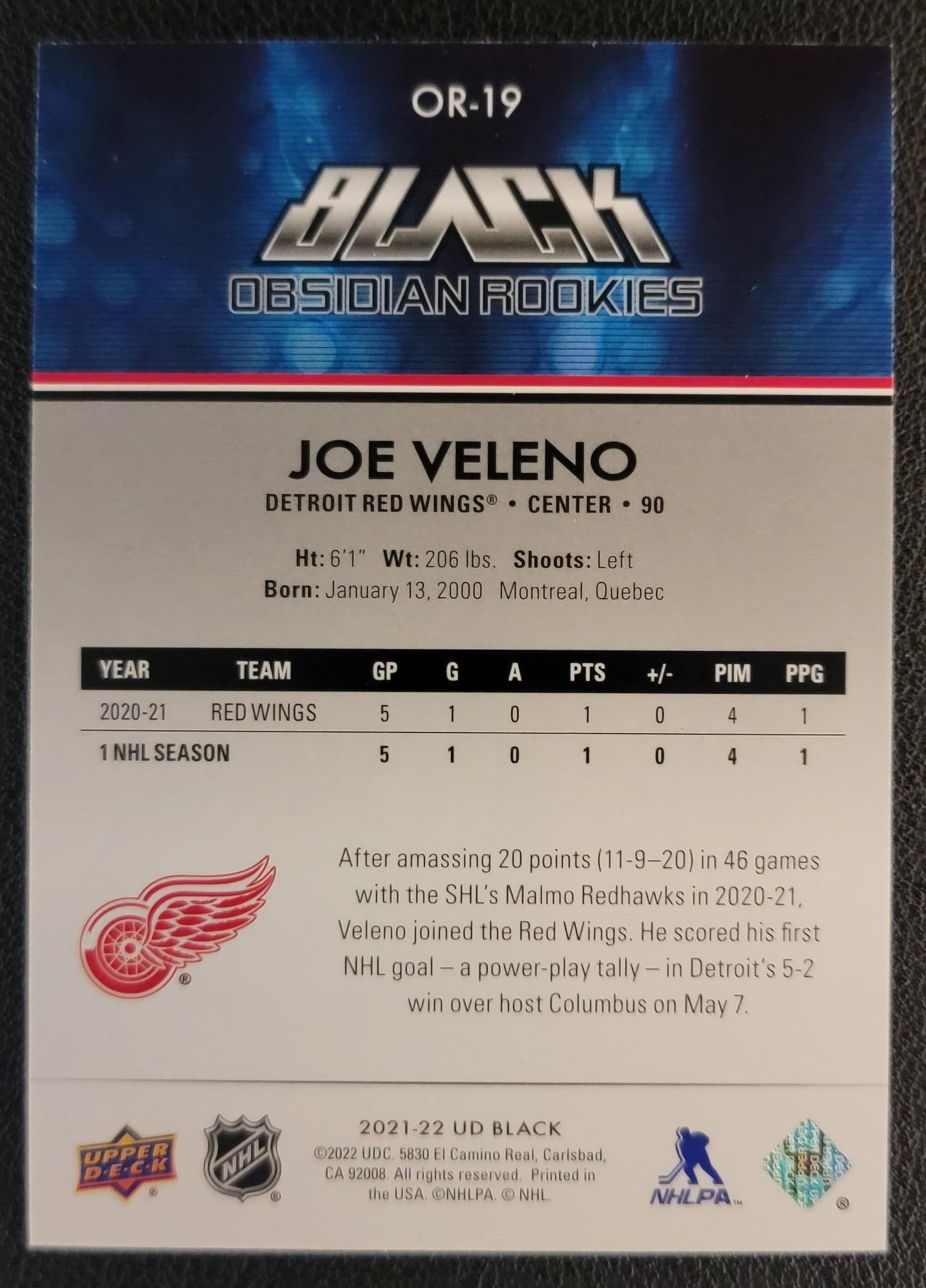 Joe Veleno Black Obsidian Rookies 307/349 - 2021/22 SPX