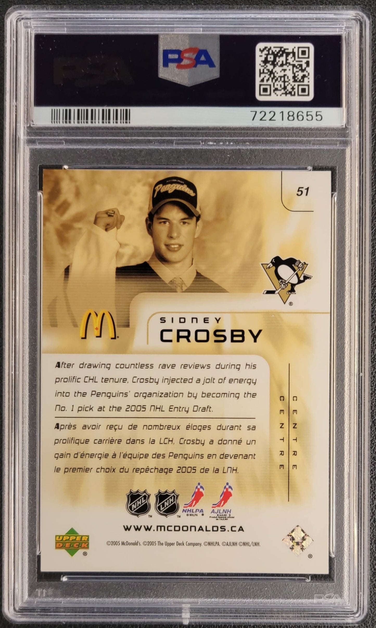 Sidney Crosby McDonald's Rookie Graded PSA 9 - 2005 Upper Deck