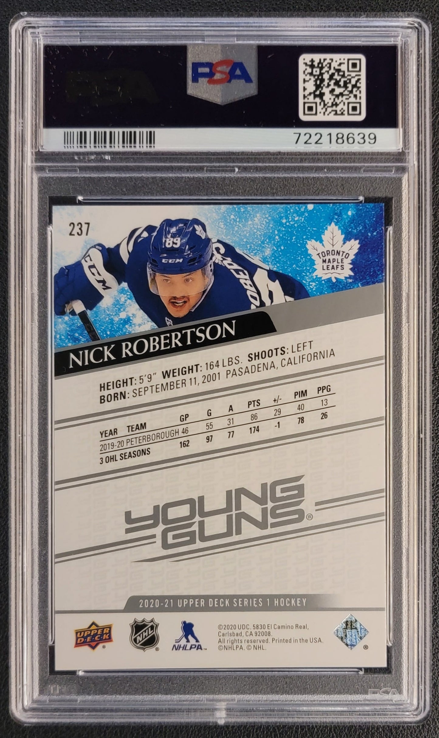 Nick Robertson Young Guns (Rookie) #237 Graded PSA 10 - 2020/21 UD Series 1