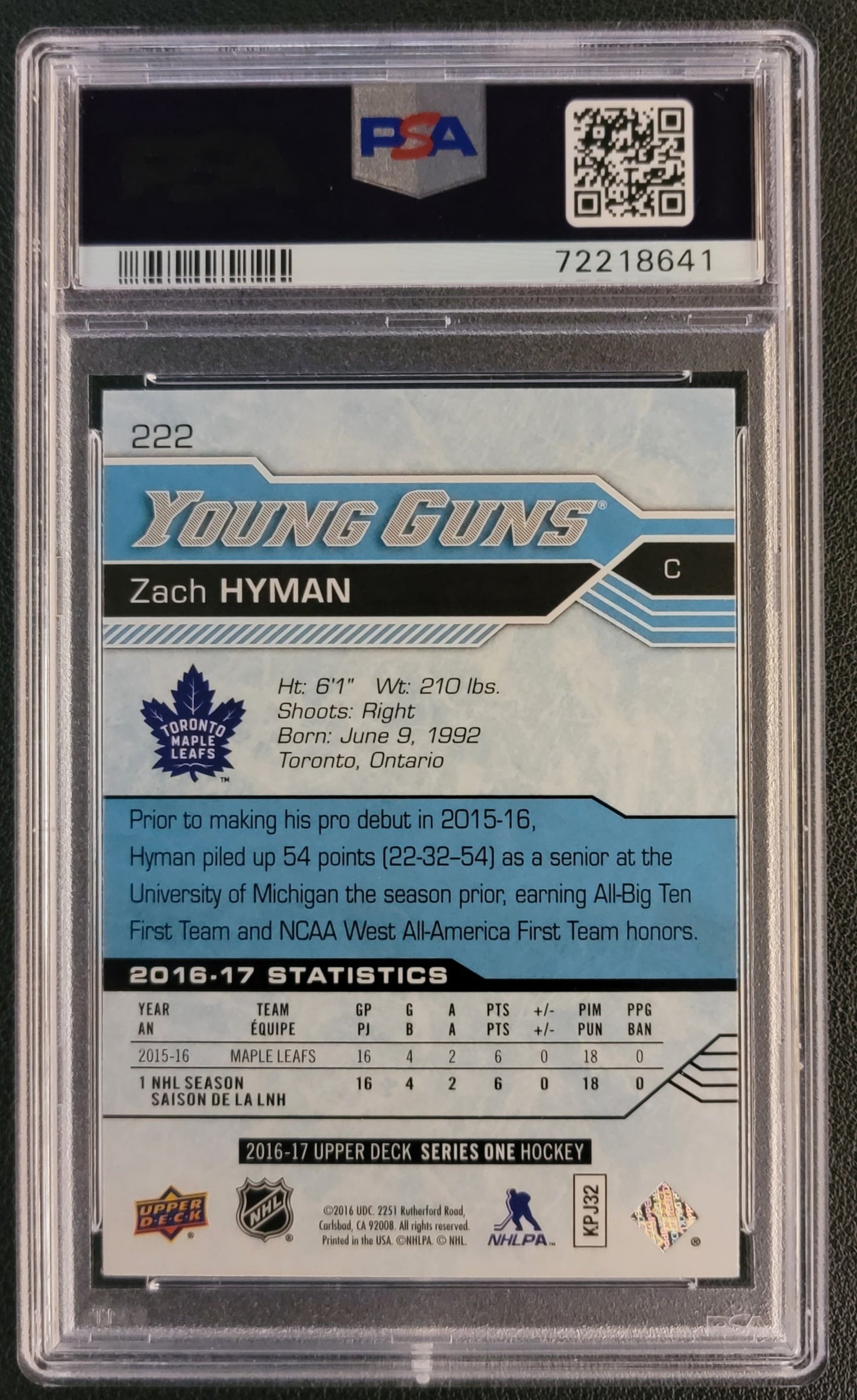 Zach Hyman Young Guns (Rookie) #222 Graded PSA 9 - 2016/17 UD Series 1