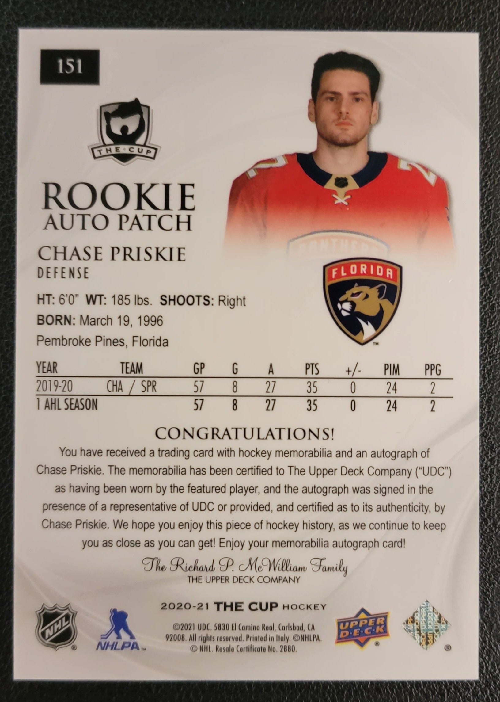 Chase Priskie Rookie Auto Patch 169/249 - 2020/21 The Cup