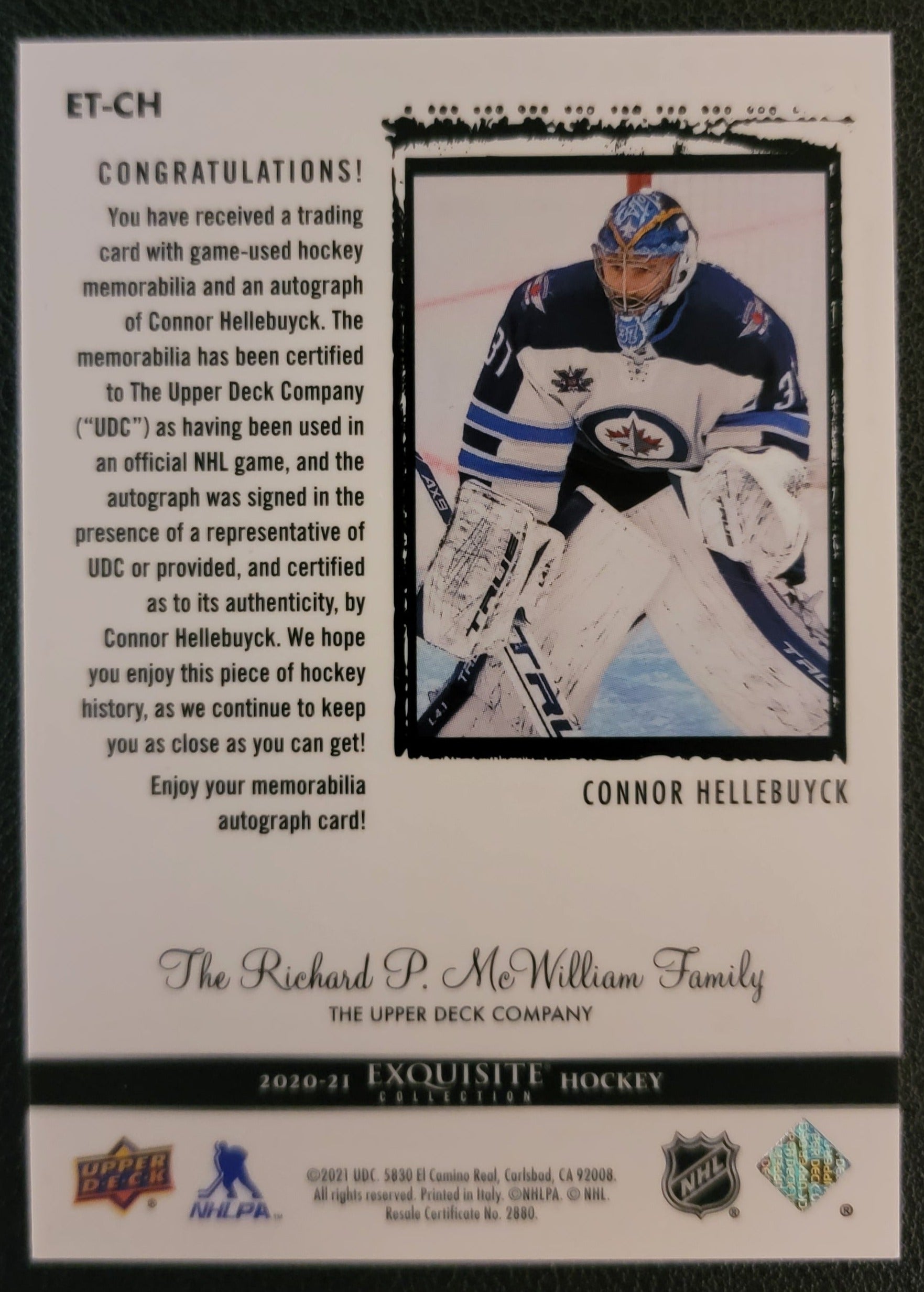 Connor Hellebuyck Exquisite Autograph Patch 19/25 - 2020/21 The Cup