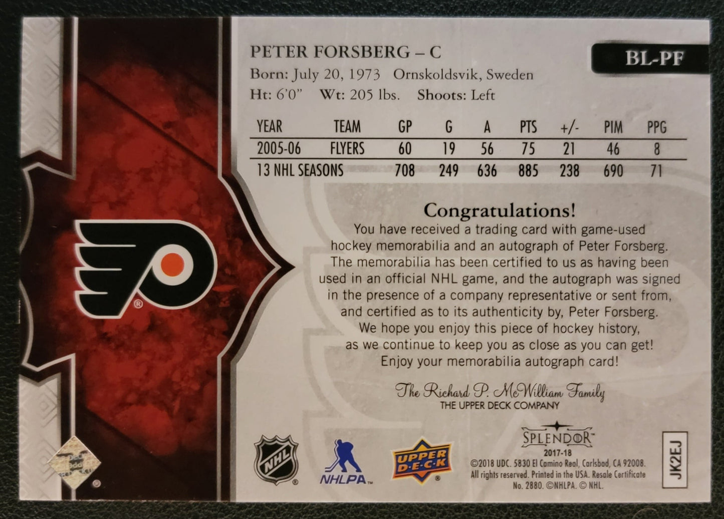 Peter Forsberg 2017/18 Splendor Patch Autograph 11/11 - 2020/21 The Cup