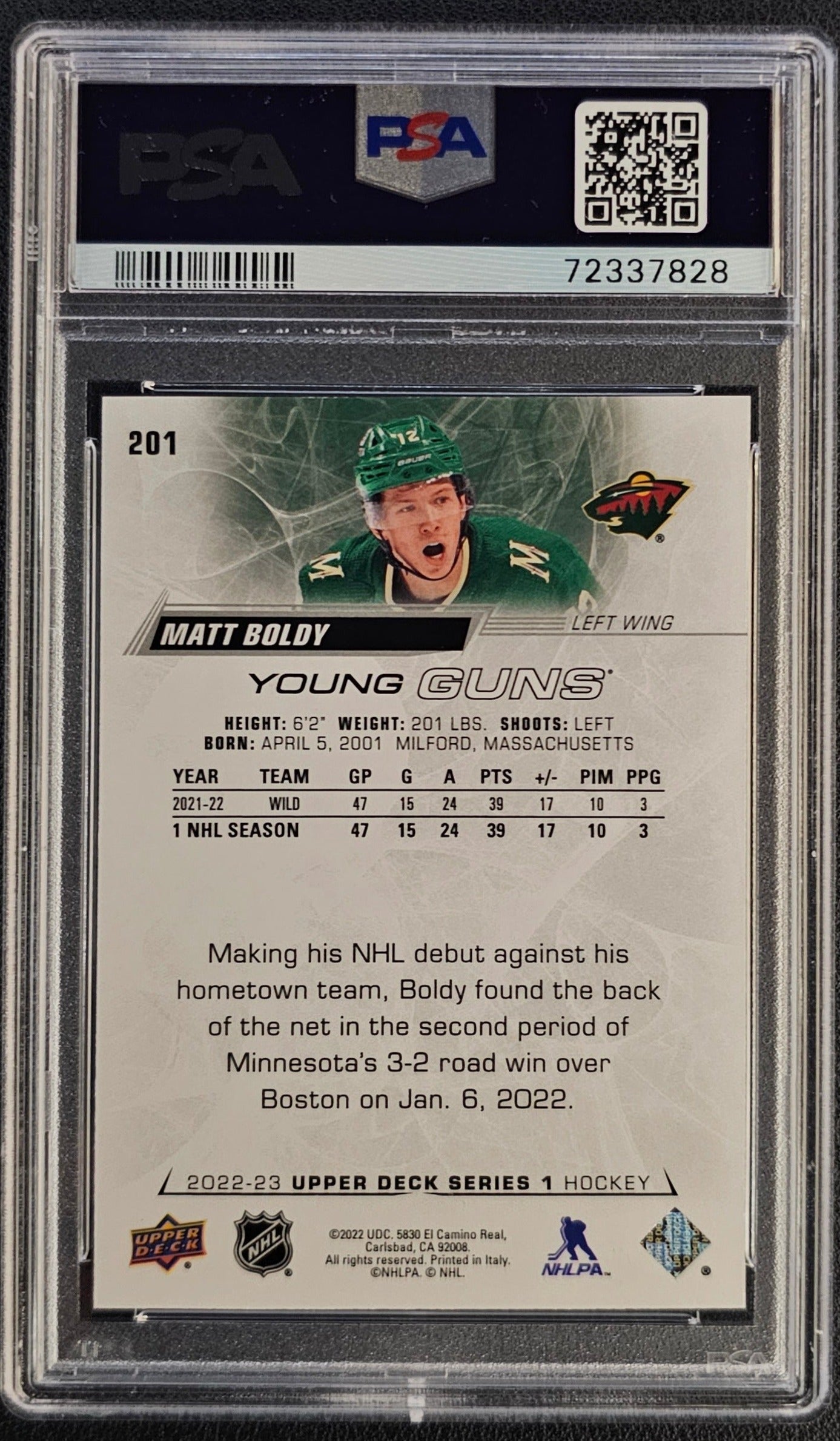 Matt Boldy Young Guns (Rookie) #201 Graded PSA 8 - 2022/23 UD Series 1