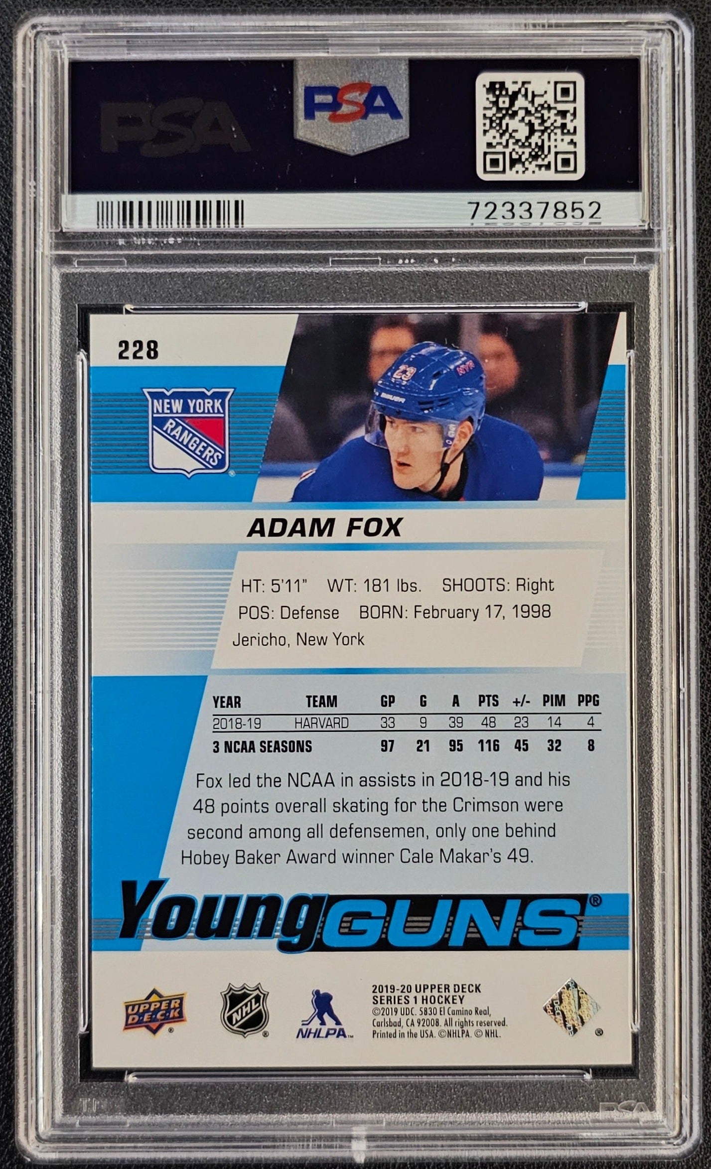 Adam Fox Young Guns (Rookie) #228 Graded PSA 9 - 2019/20 UD Series 1