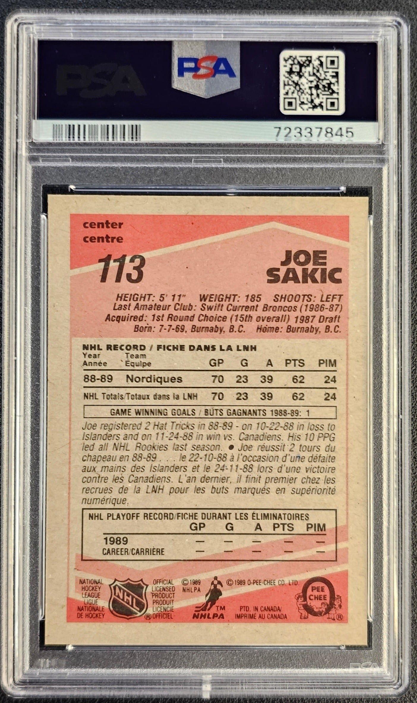 1989 O-pee-chee Joe Sakic 113 Rookie Card GMA 8.5 -  Canada