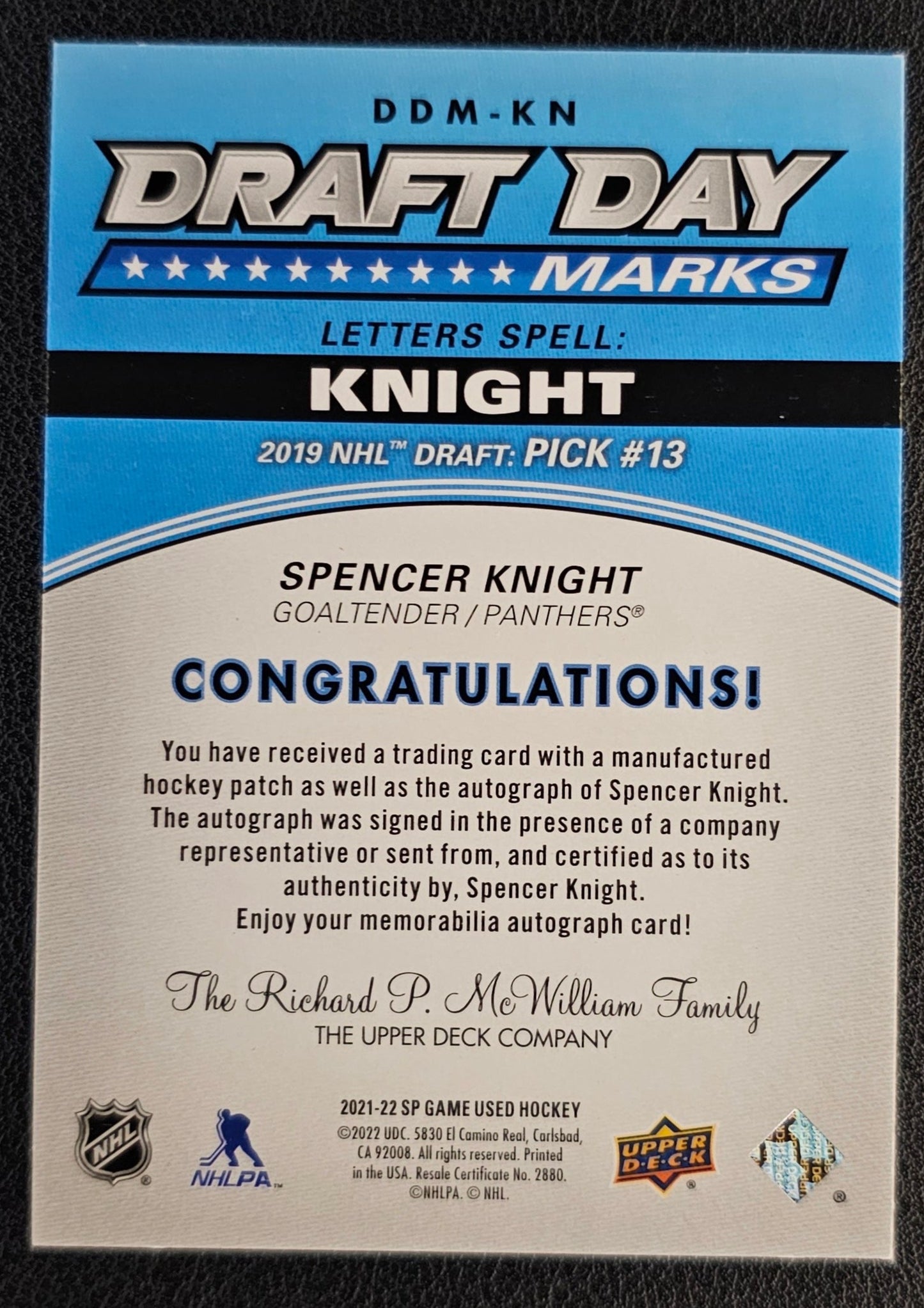 Spencer Knight Draft Day Marks Auto 'H" 21/35 - 2021/22 SP Game Used