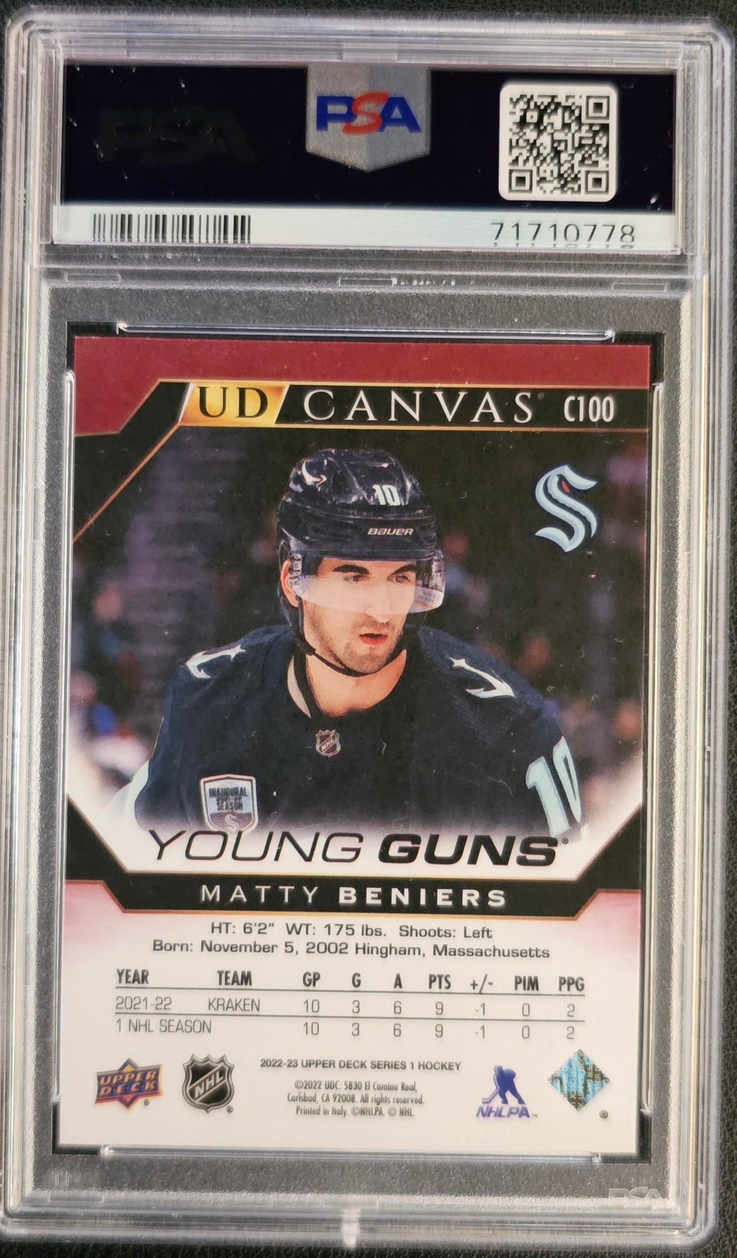 Matty Beniers Young Guns Canvas (Rookie) Graded PSA 10 - 2022/23 Series 1